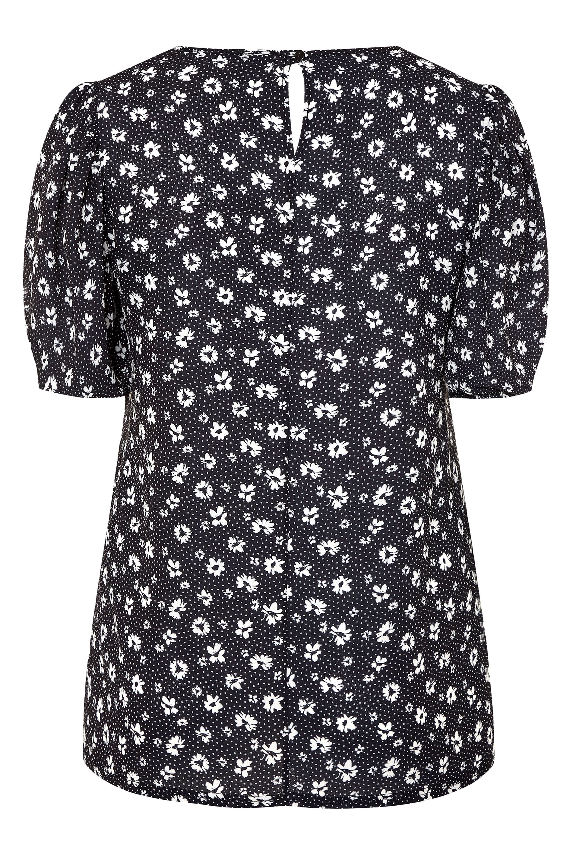Black Floral Print Puff Sleeve Top | Yours Clothing