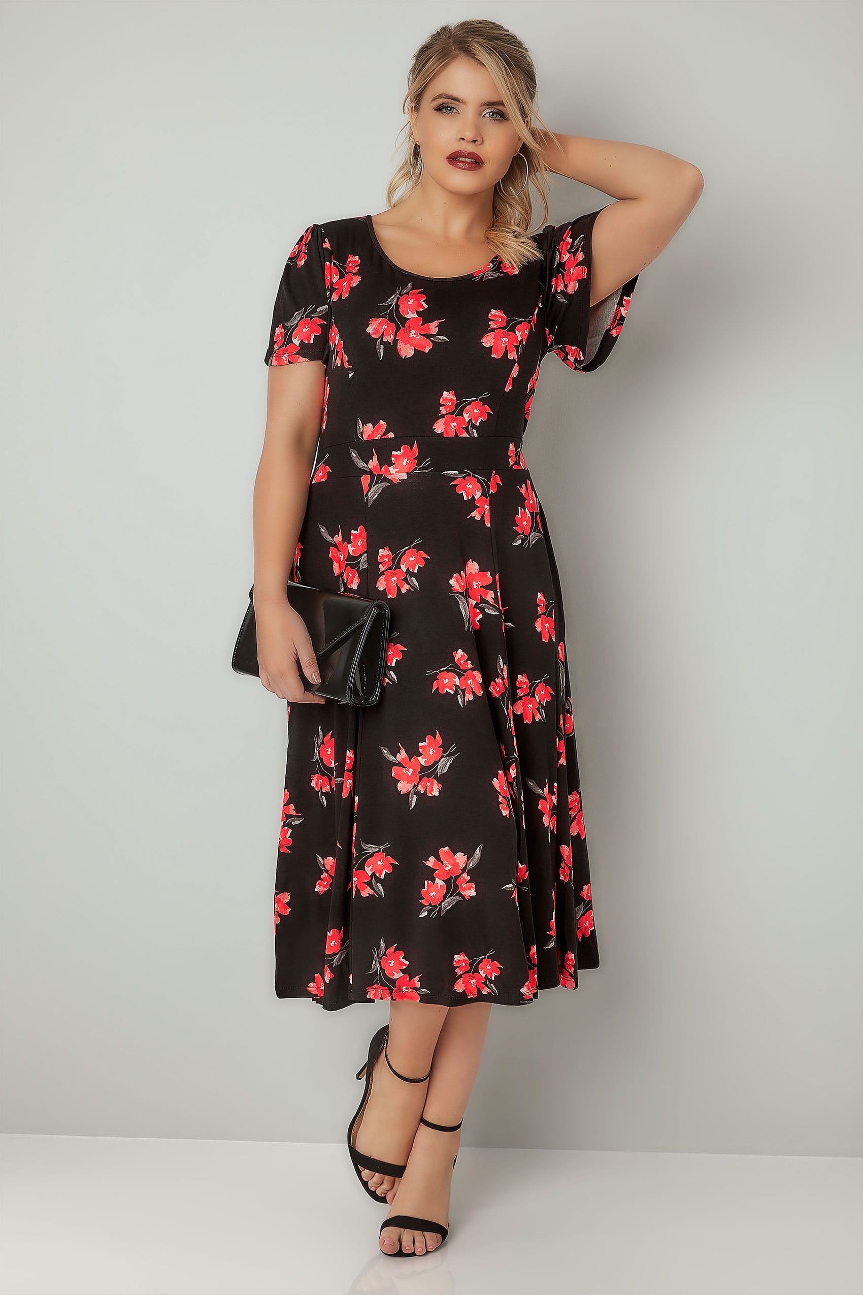 Black Floral Print Skater Dress With Self Tie Waist, Plus size 16 to 36