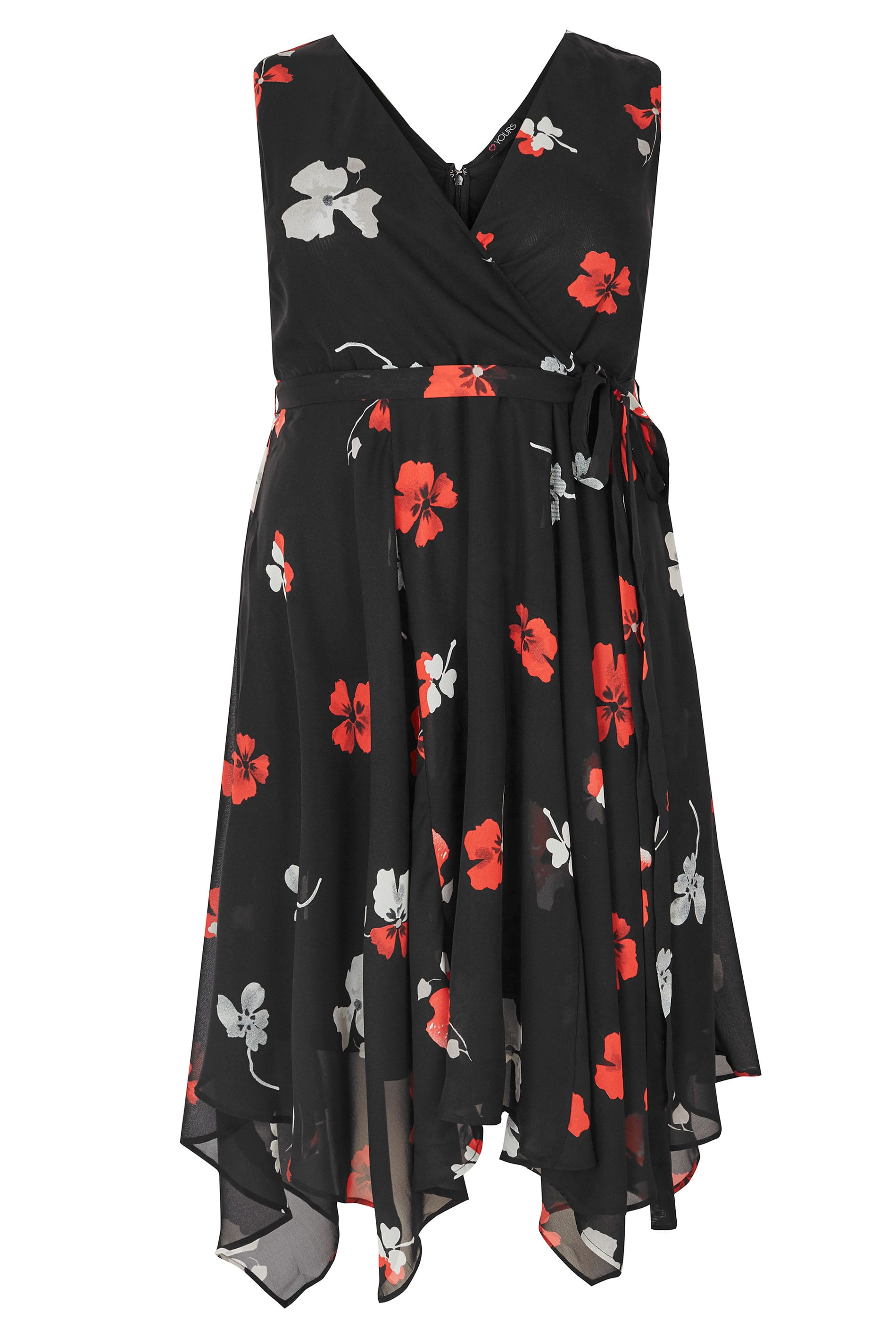 Black Floral Print Wrap Dress With Hanky Hem, plus size 16 to 36 ...