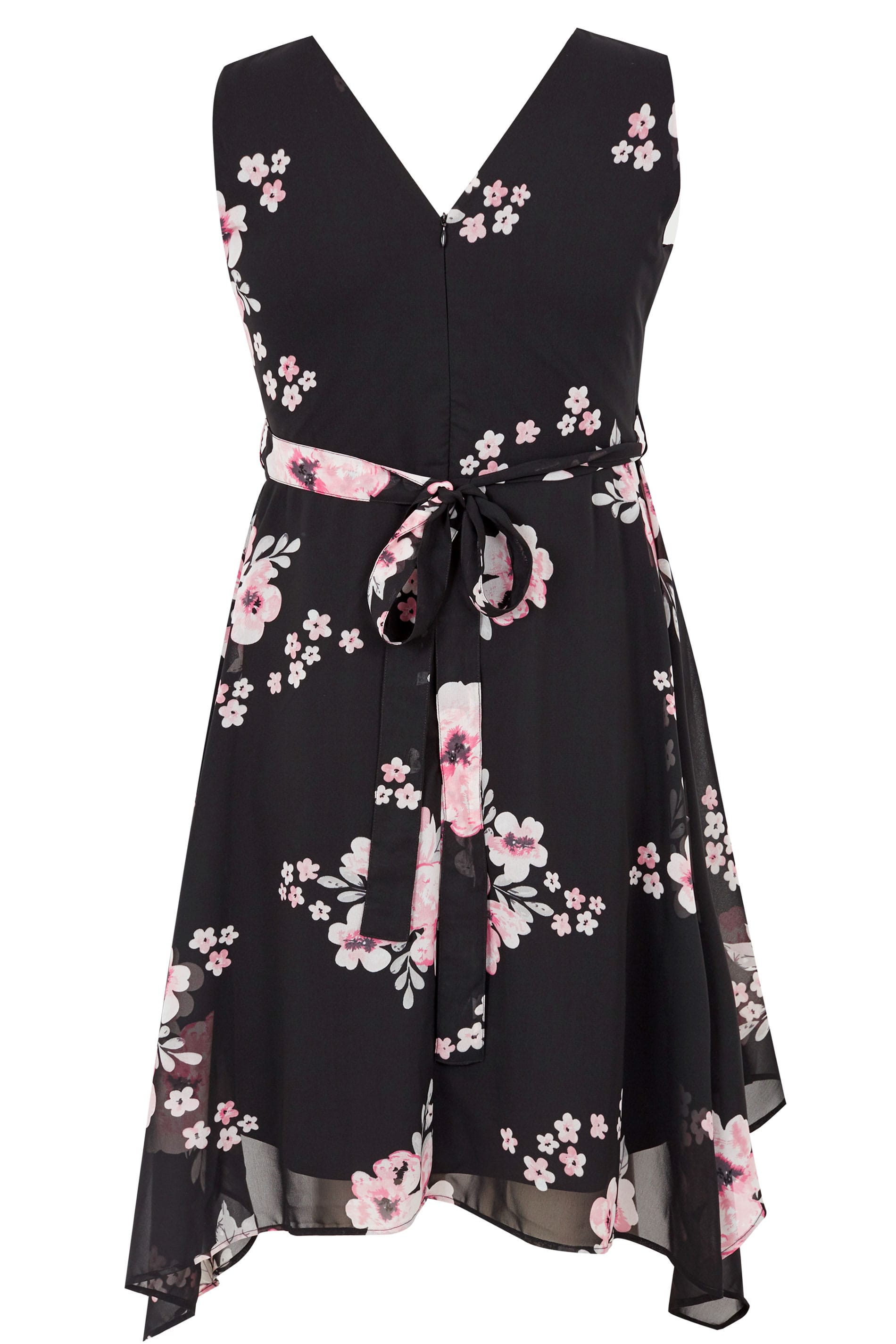 Plus Size Black & Pink Floral Wrap Dress With Hanky Hem | Sizes 16 to ...