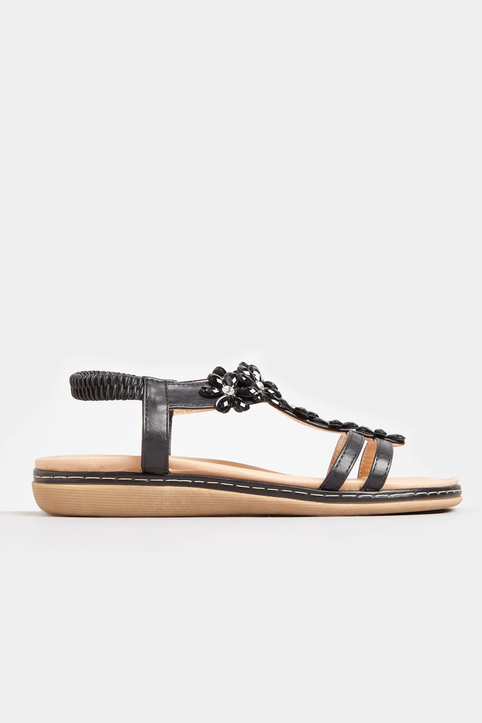 Black Flower Diamante T-Bar Sandals In Extra Wide Fit | Yours Clothing