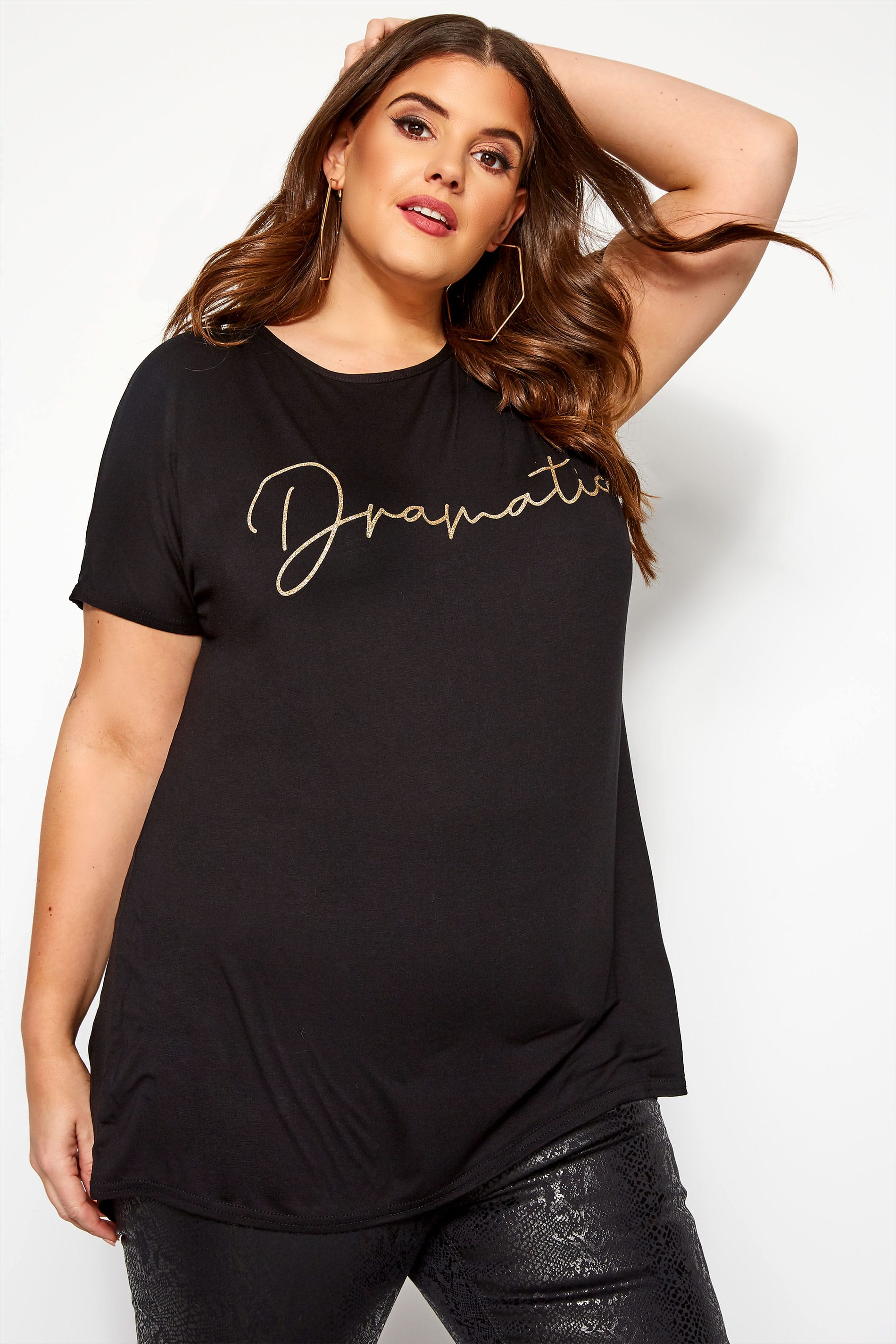 Black Glitter 'Dramatic' Slogan T-Shirt | Yours Clothing