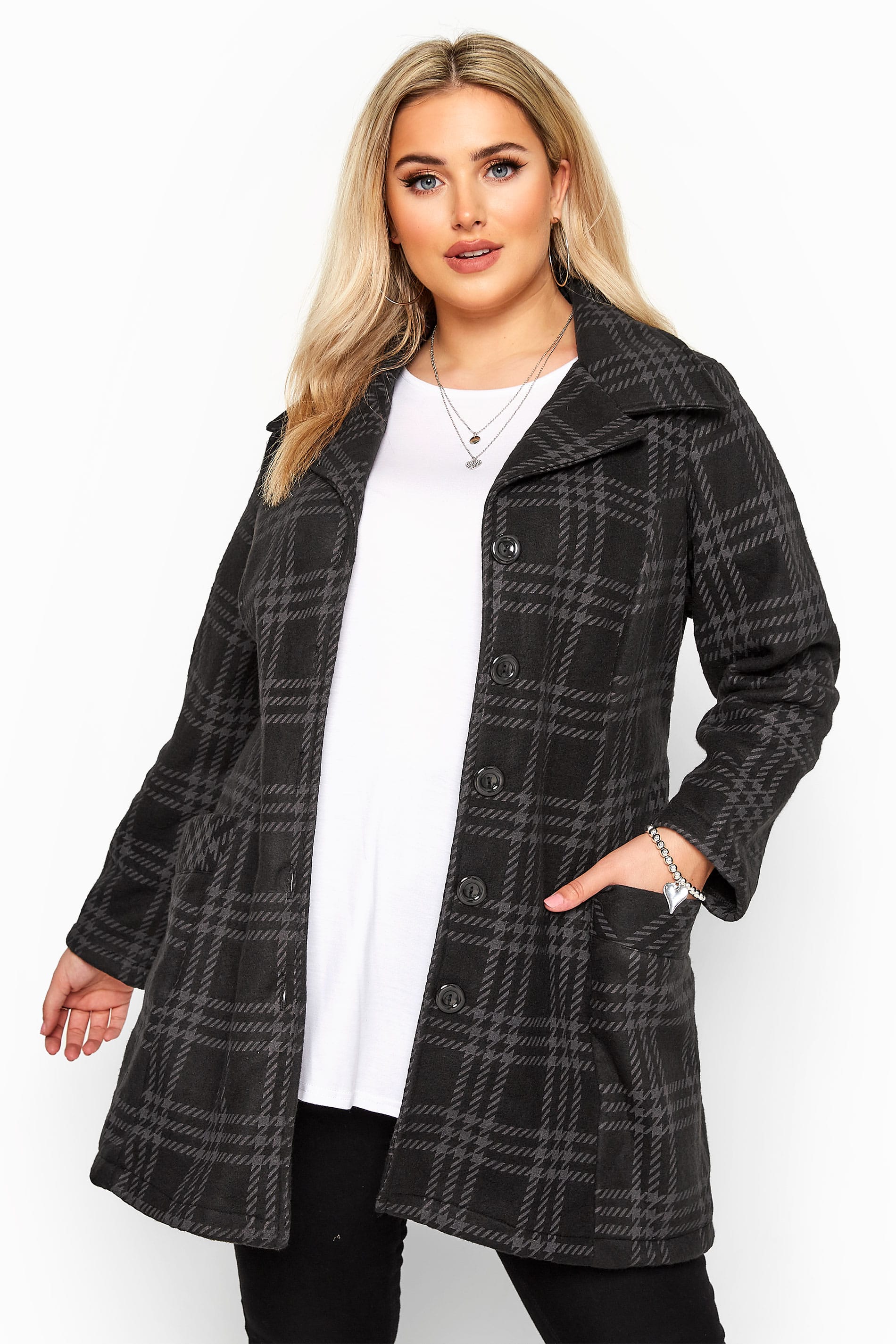 Black & Grey Check Revere Collar Fleece Coat | Yours Clothing