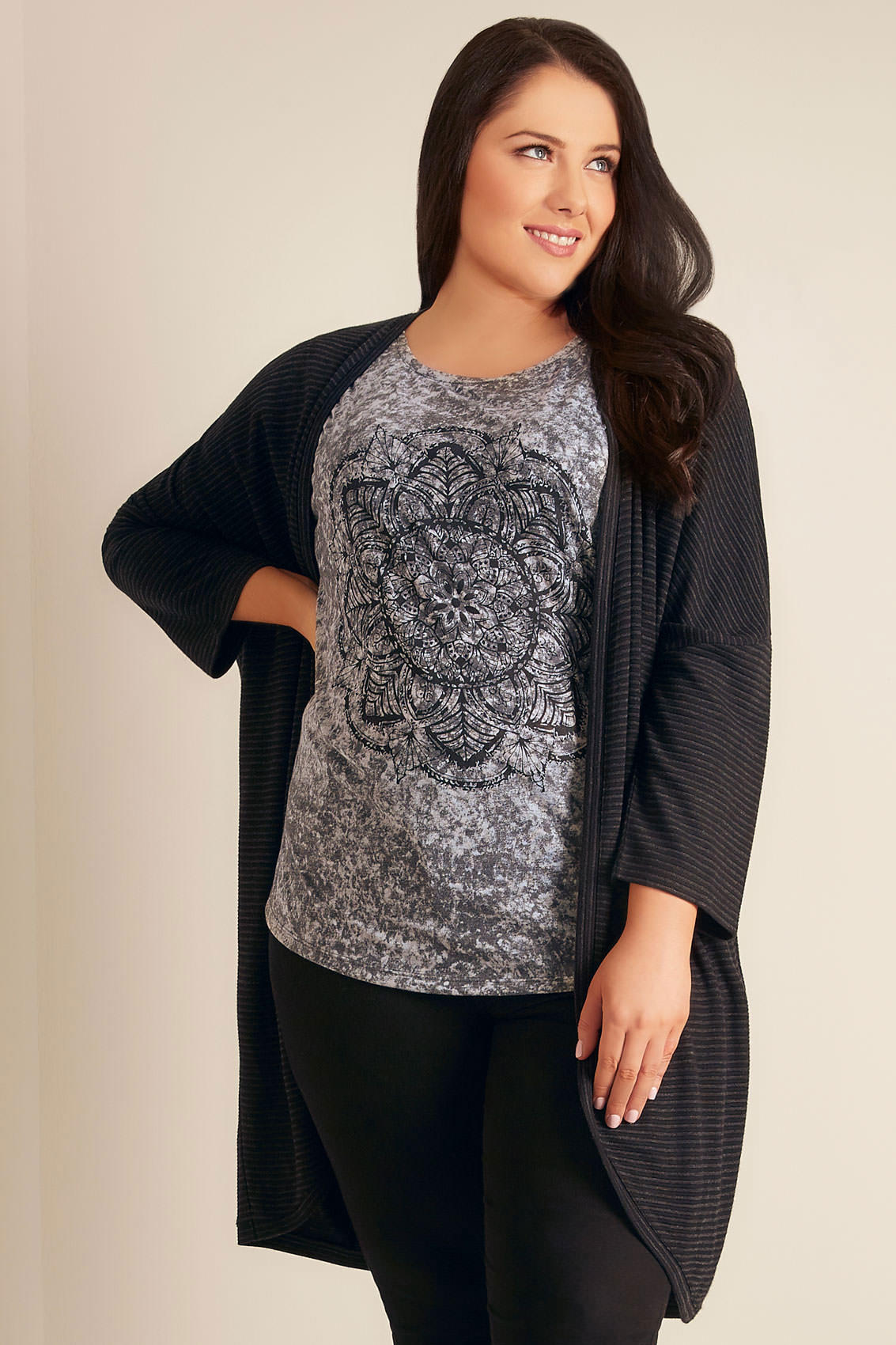 Black & Grey Stripe Cocoon Cardigan, Plus size 16 to 36 | Yours Clothing