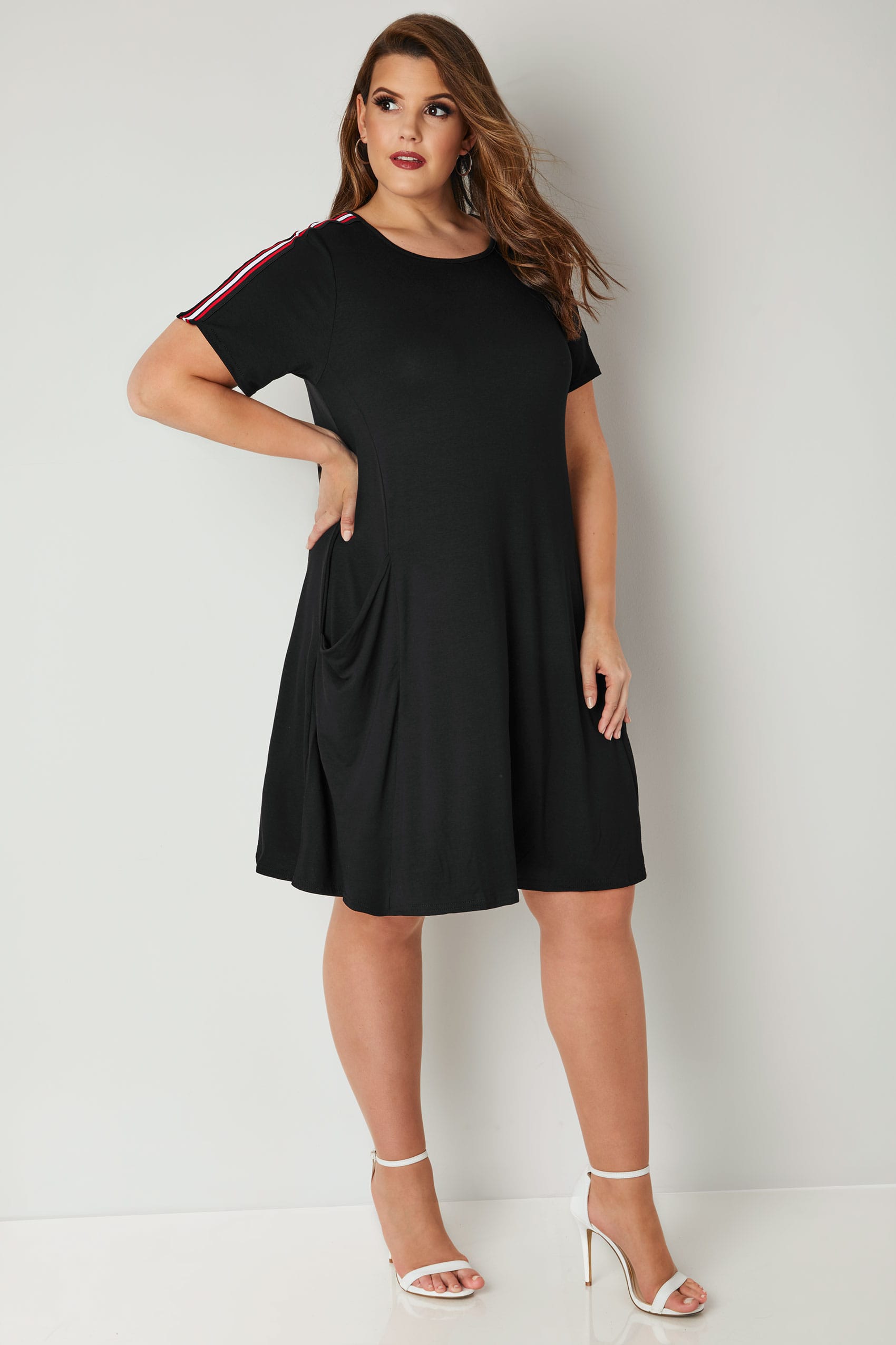 Black Jersey Pocket Dress With Stripe Shoulders Plus Size 16 To 36