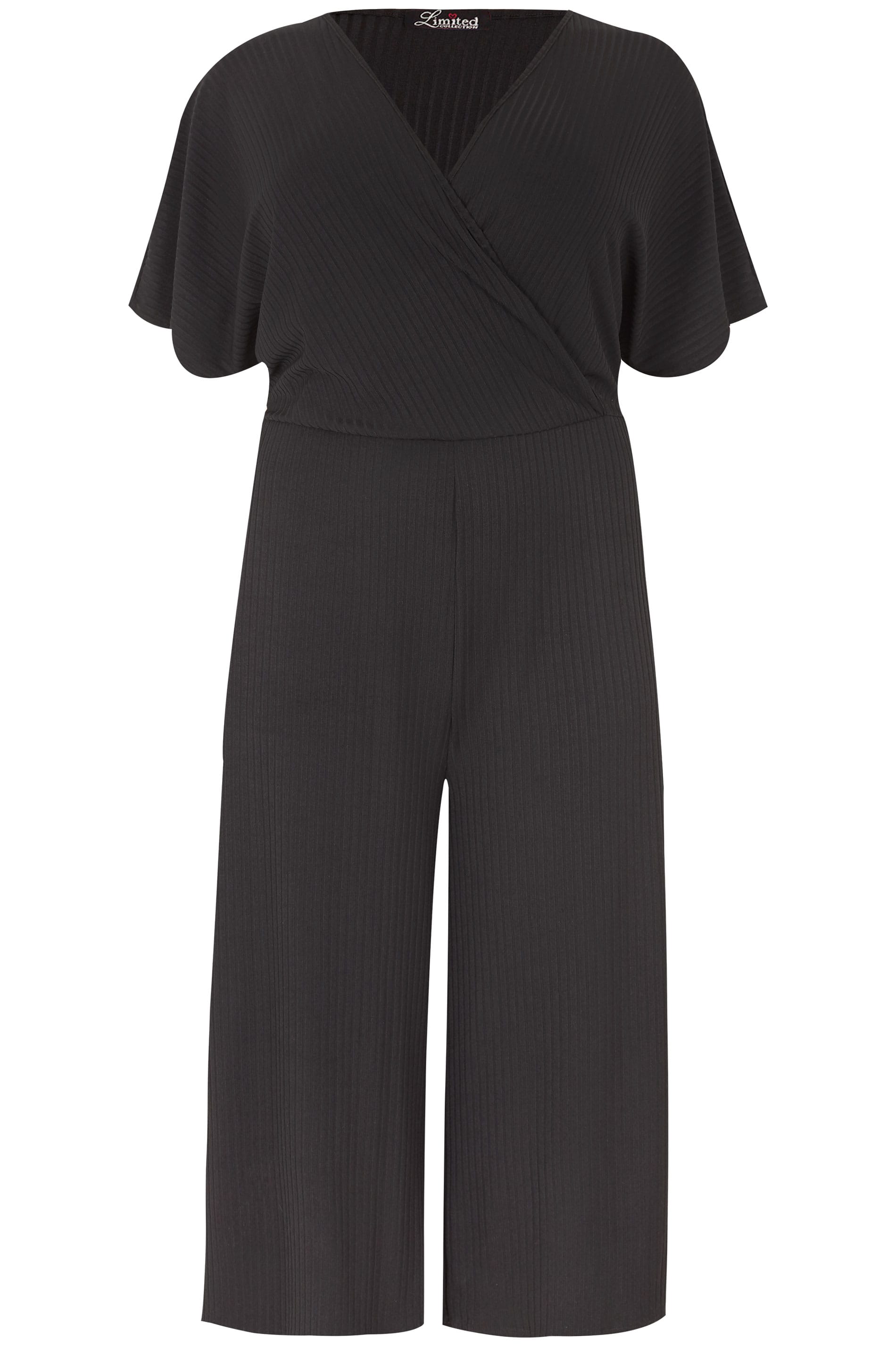 Black Jersey Cropped Culotte Wrap Front Jumpsuit, plus size 16 to 32 ...