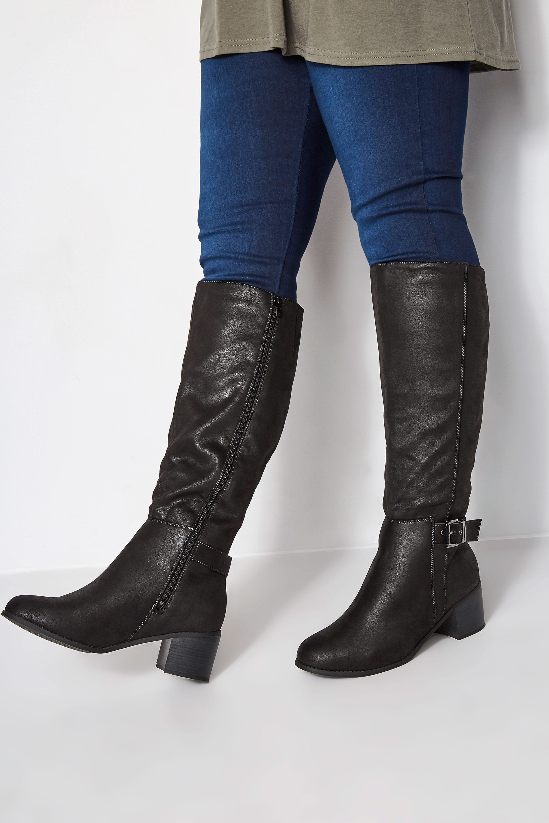 Black Knee High Buckle Heeled Boots In Extra Wide Fit | Yours Clothing