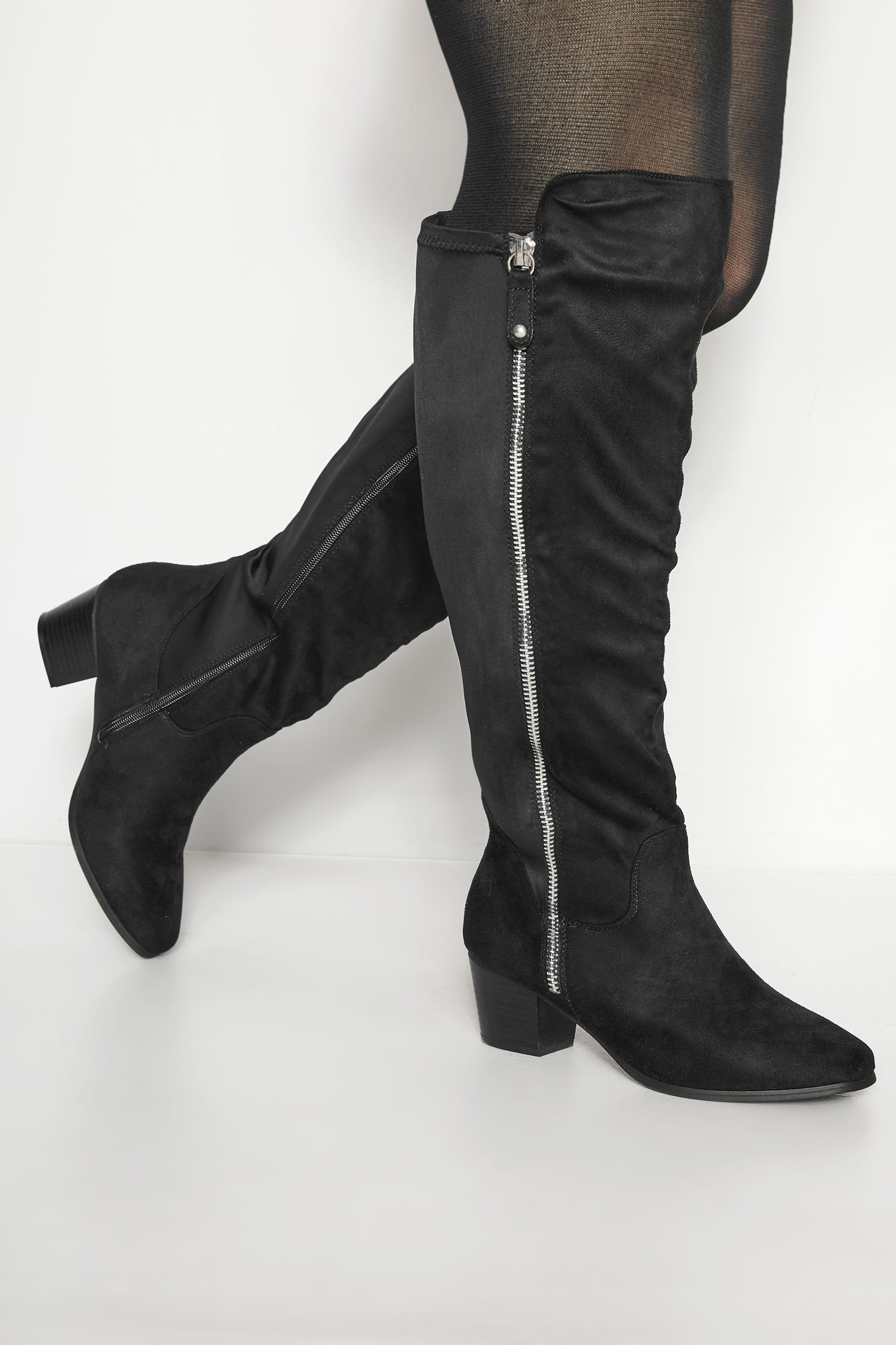 Black Knee High Zip Heeled Boots In 
