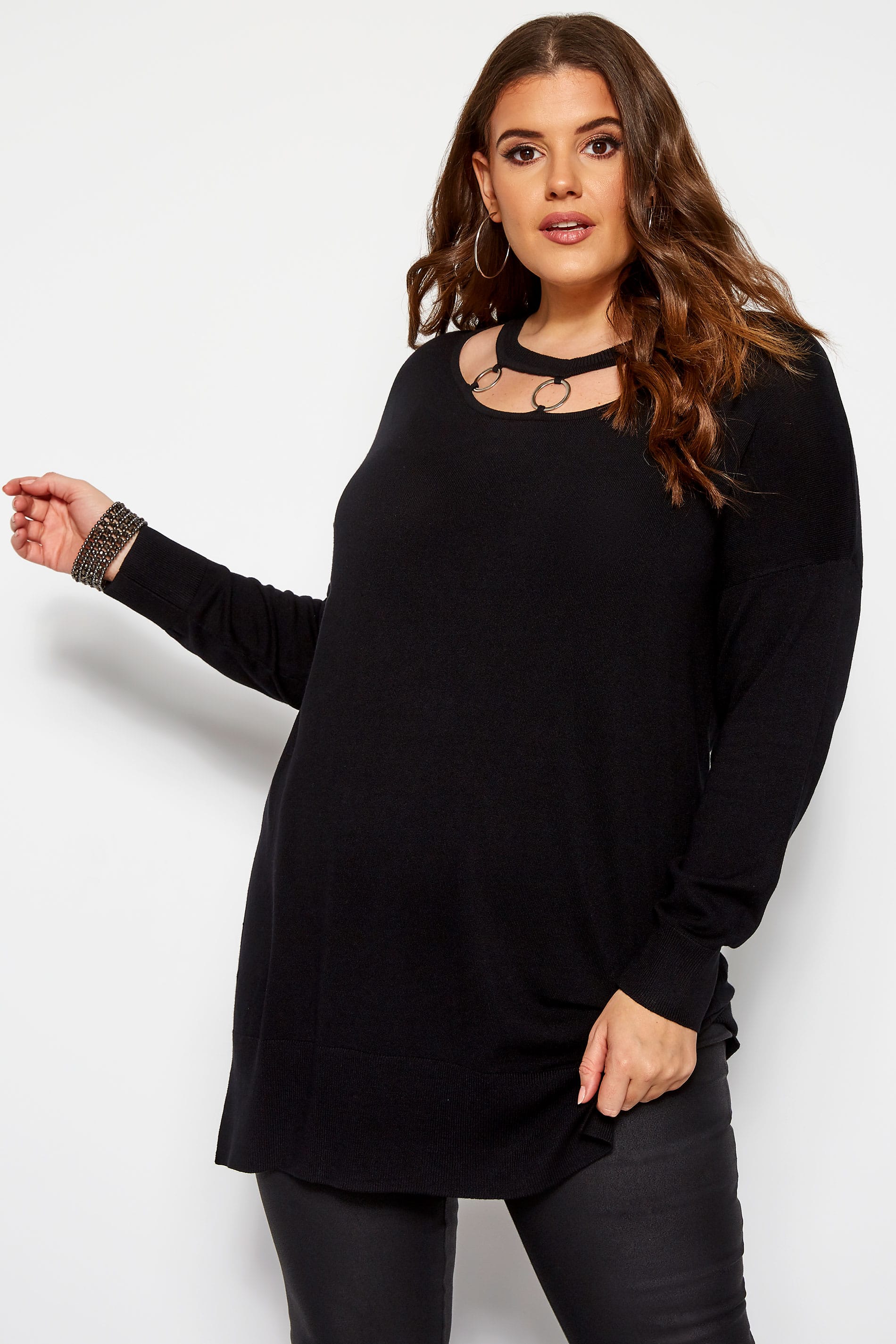 Black Knitted Tunic With Circle Neckline Trim | Yours Clothing