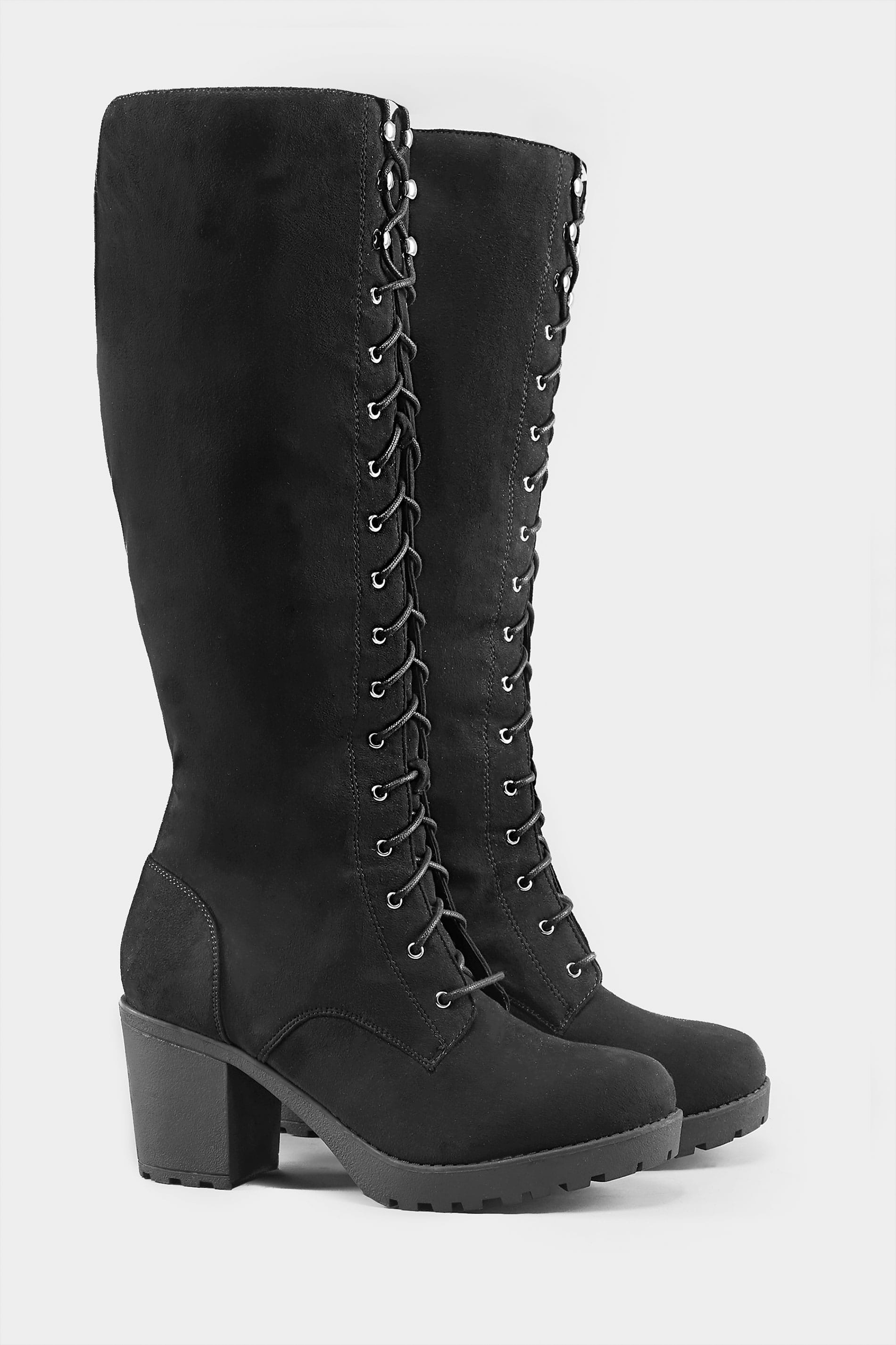 Black Lace Up Heeled Knee High Boots In 