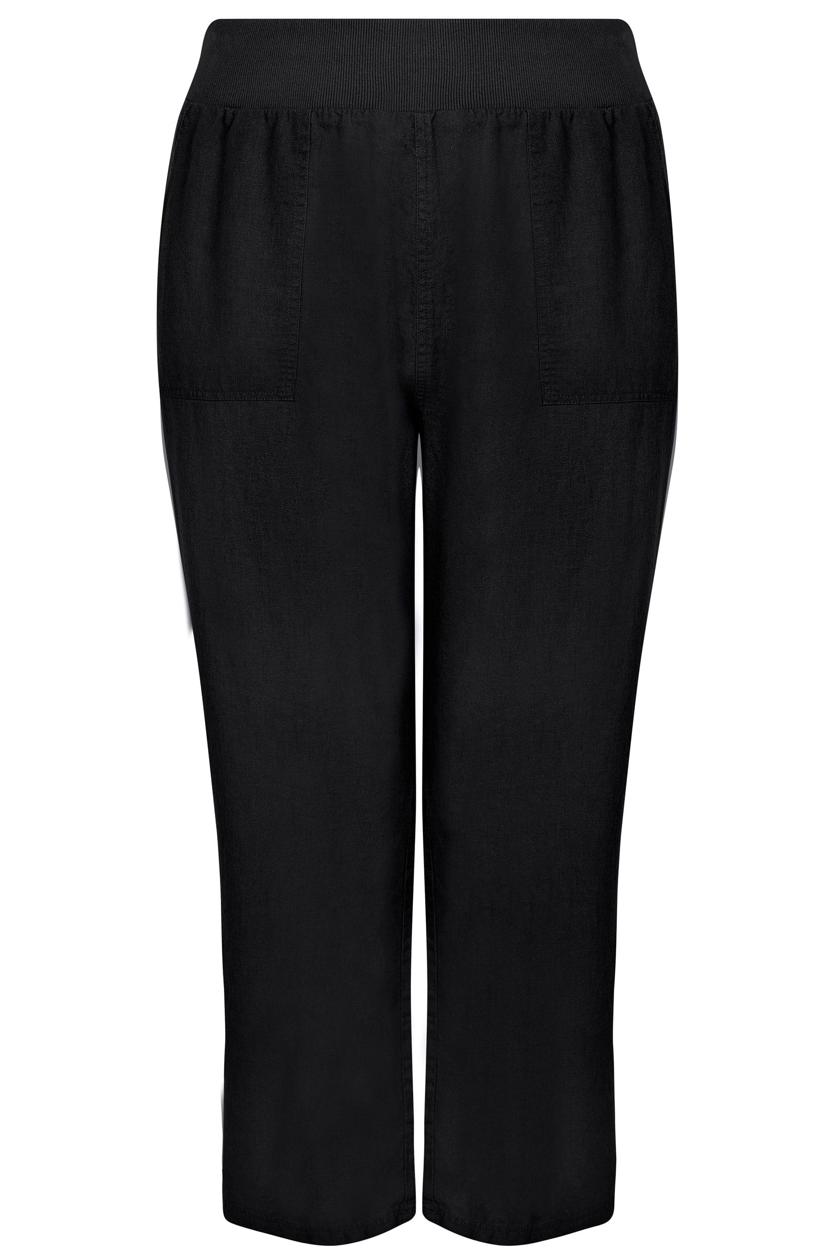 Black Linen Mix Pull On Wide Leg Trousers With Pockets, plus size 16 to ...