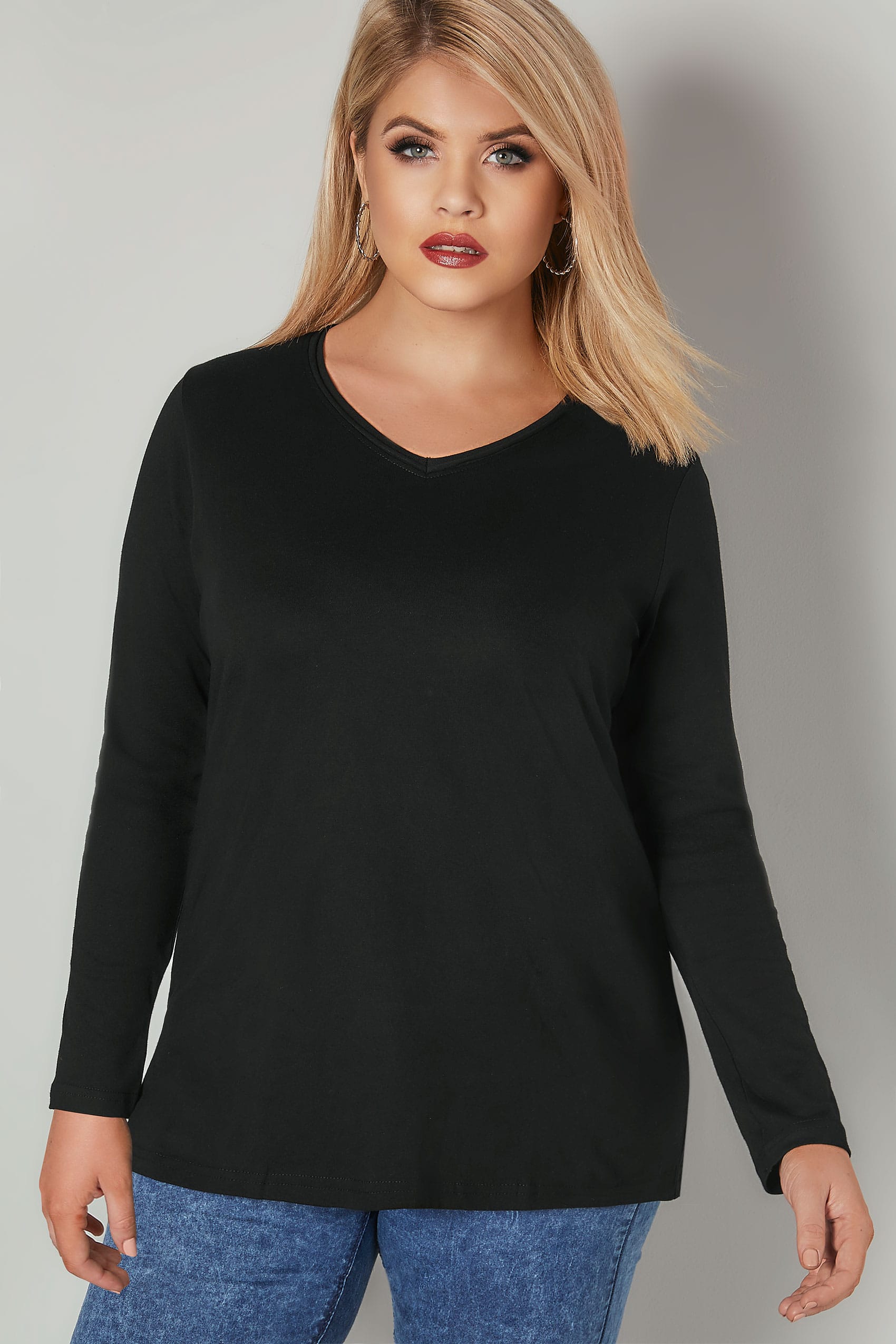 Black Long Sleeved V Neck Jersey Top Plus Size 16 To 36 Yours Clothing