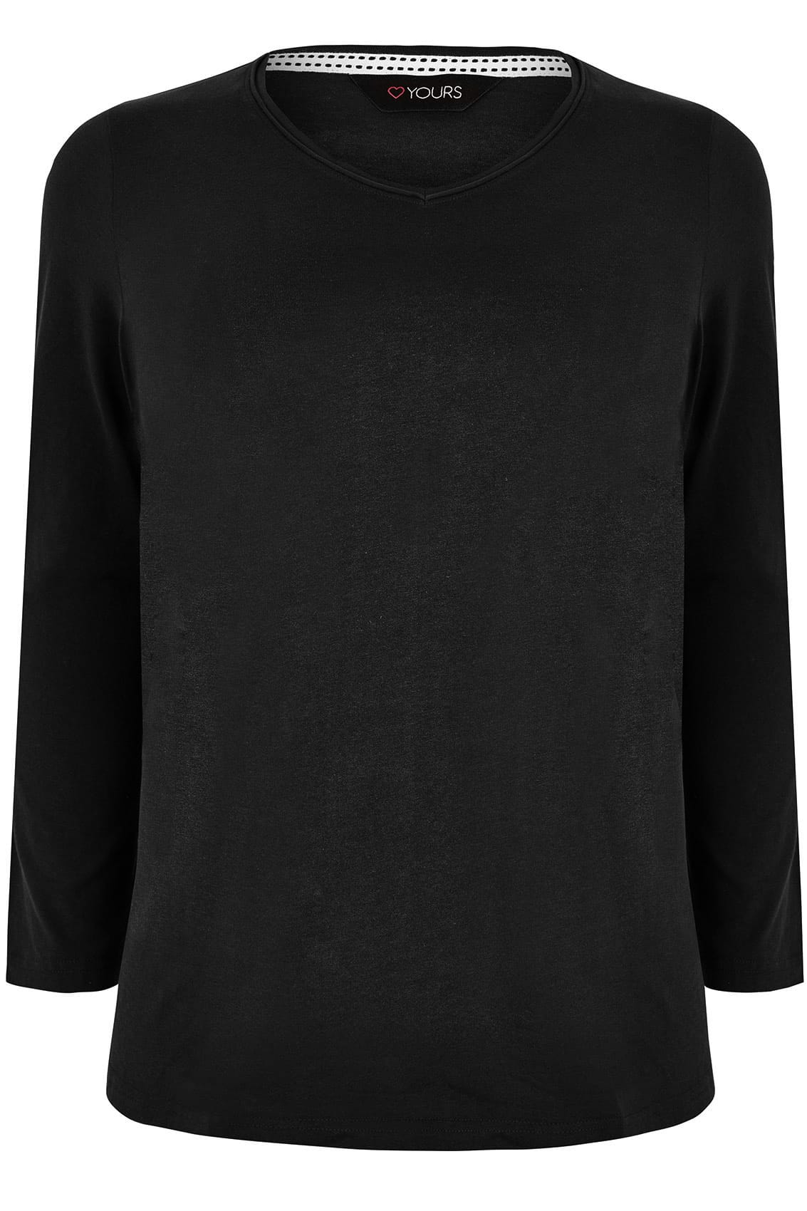Black Long Sleeved V-Neck Jersey Top, Plus size 16 to 36 | Yours Clothing