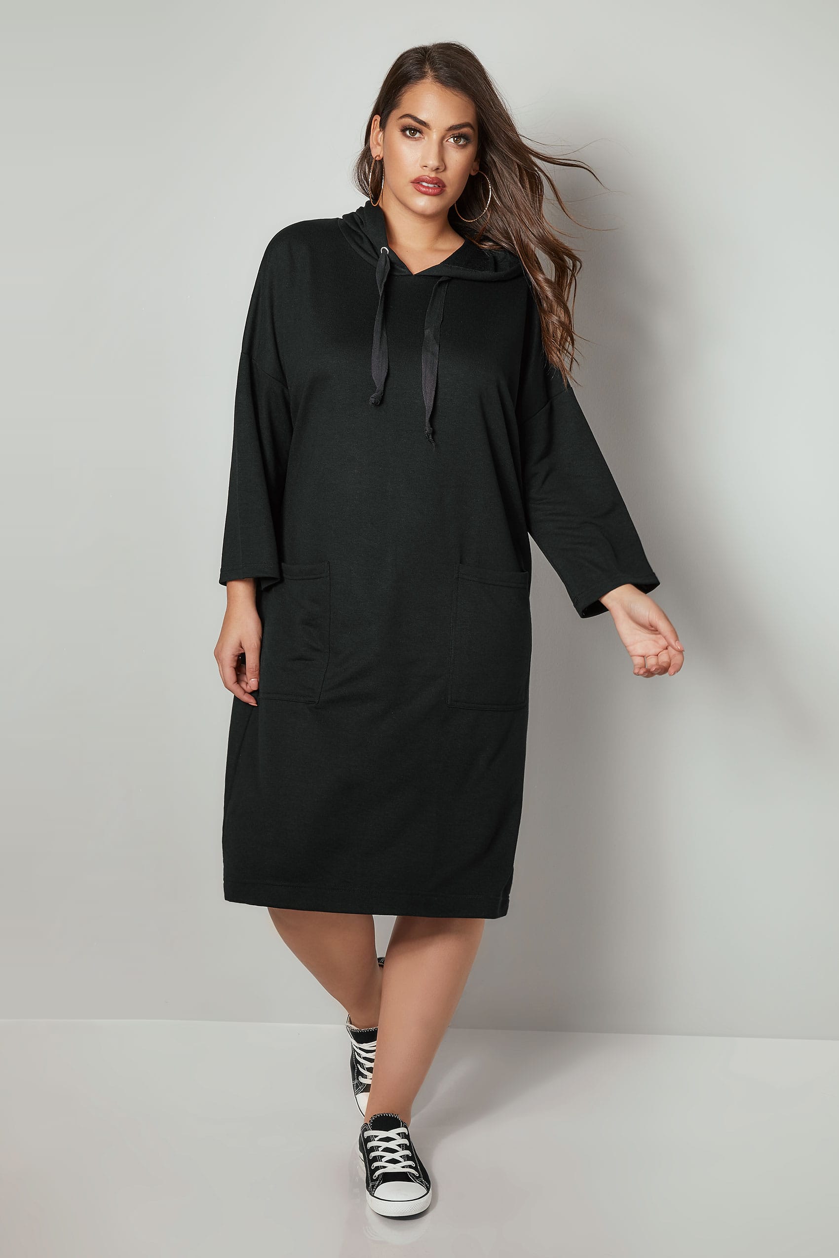 Black Longline Hoodie With Front Pockets, plus size 16 to 36