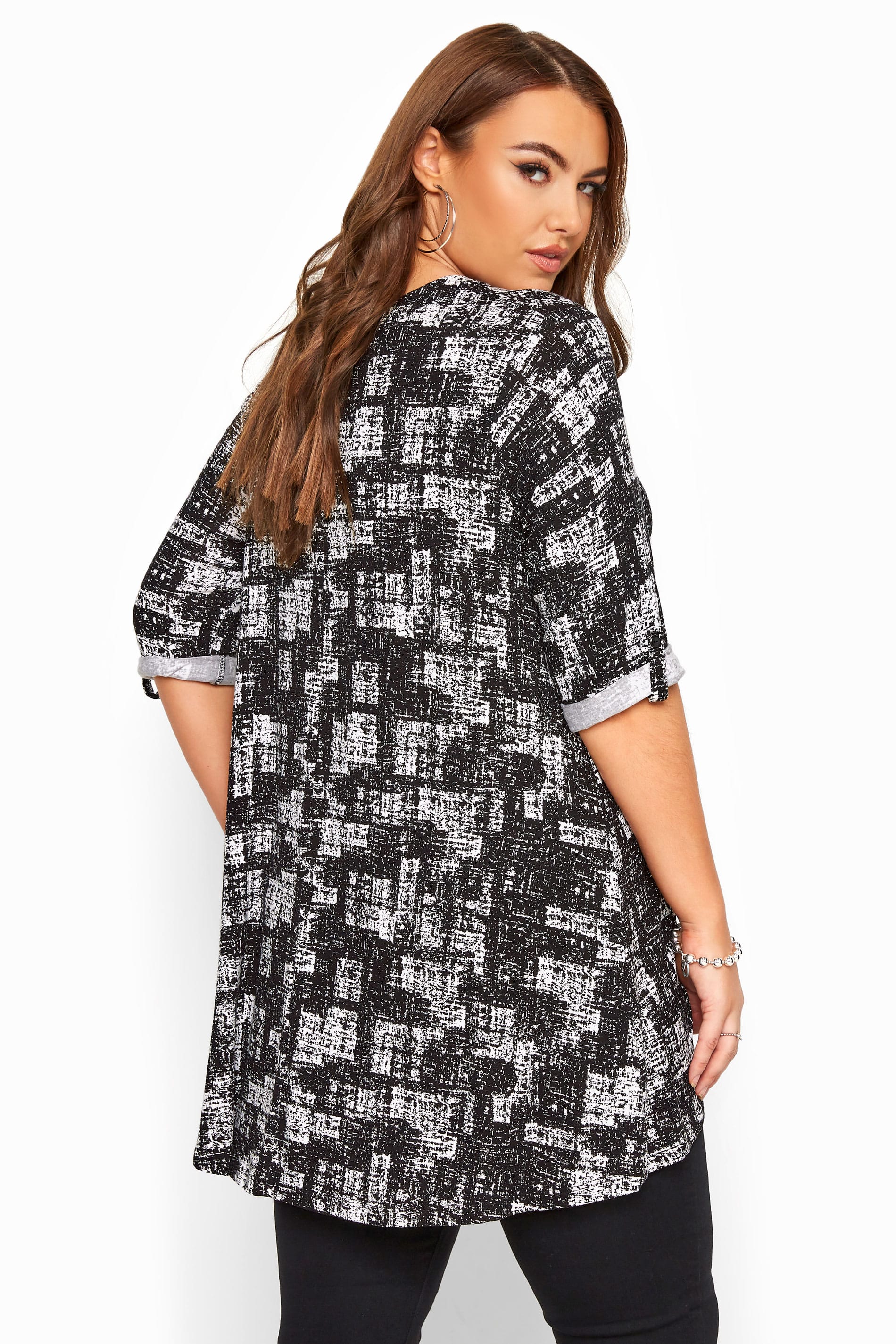 Black Mono Crosshatch Zip Neck Jersey Top | Sizes 16-36 | Yours Clothing