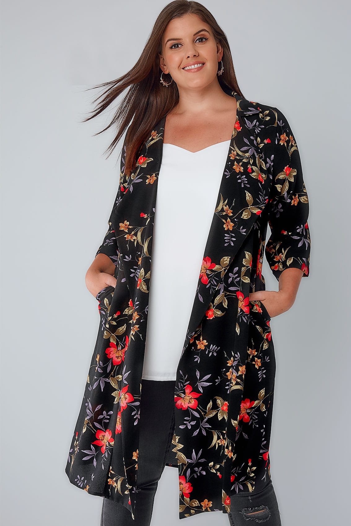 Black & Multi Floral Panelled Duster Jacket With Waterfall Front & Half ...