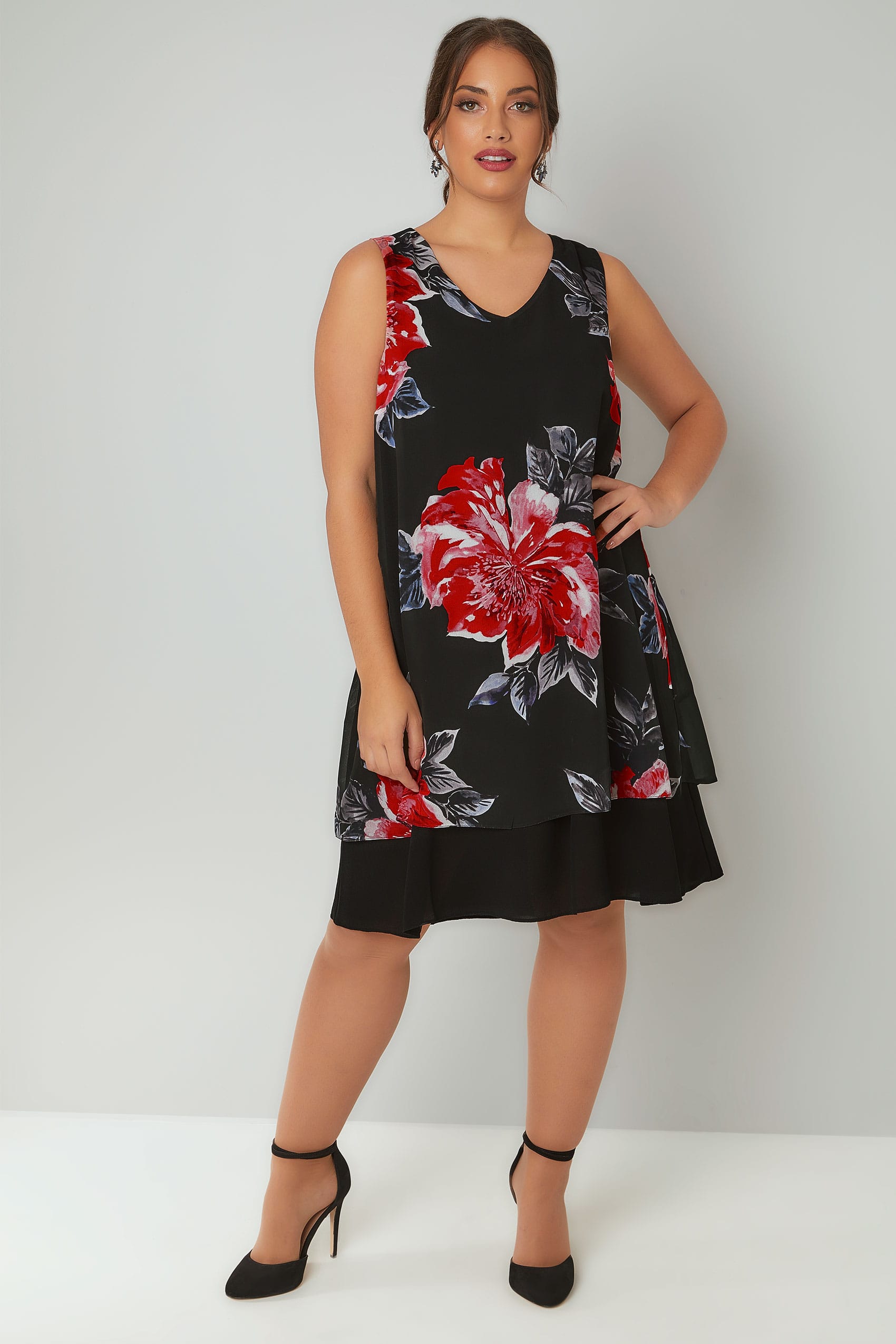 Black And Multi Floral Print Sleeveless Chiffon Layered Dress Plus Size 16 To 36
