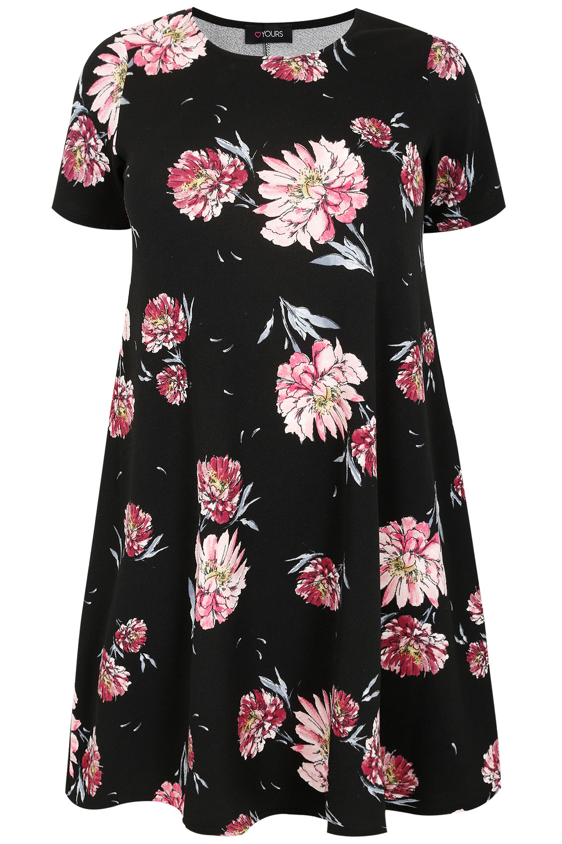 Black & Multi Floral Print Swing Dress, Plus Size 16 to 36