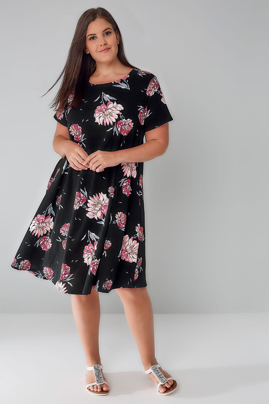 Black & Multi Floral Print Swing Dress, Plus Size 16 to 36