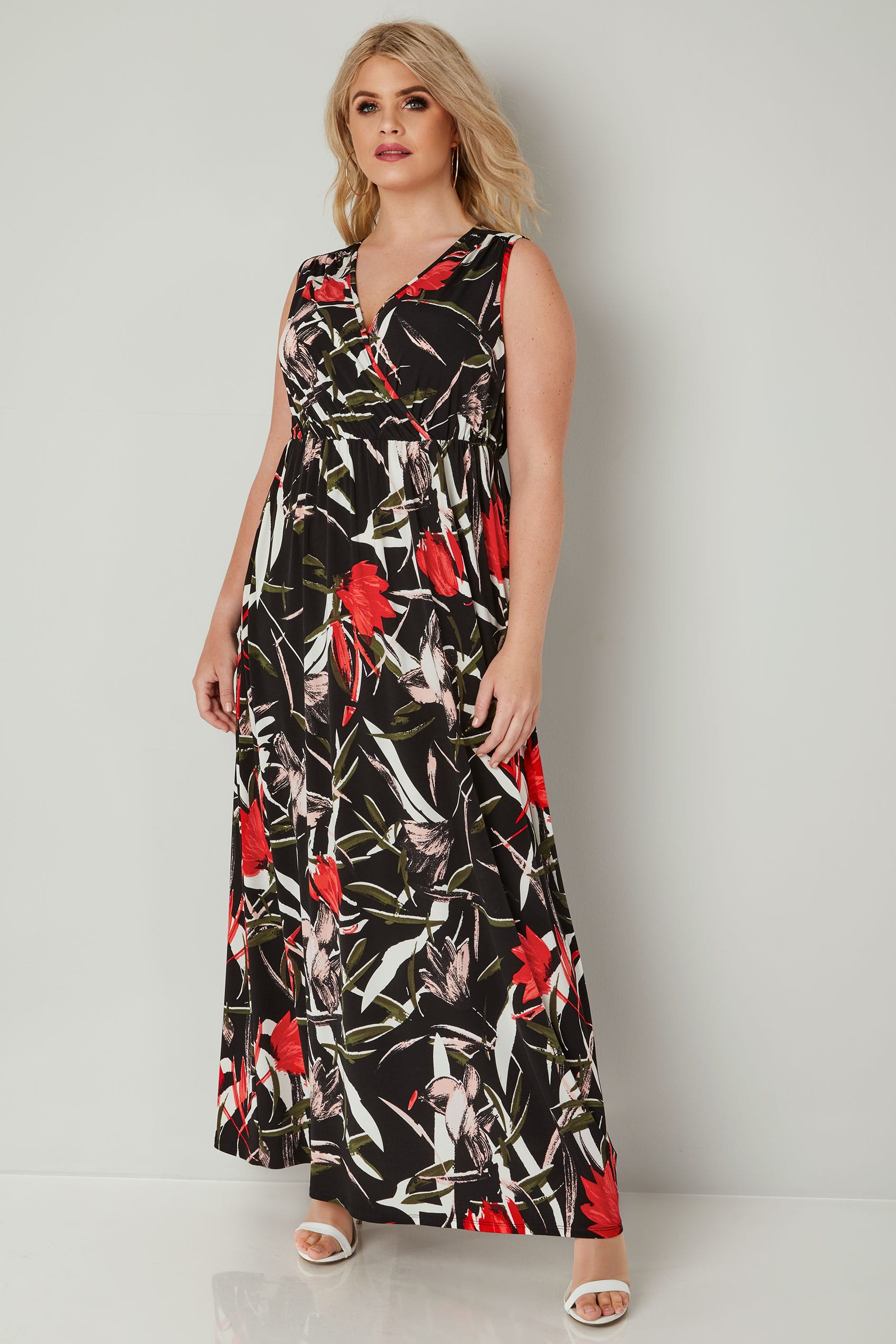 Black And Multi Floral Print Wrap Maxi Dress With Elasticated Waist Plus Size 16 To 36