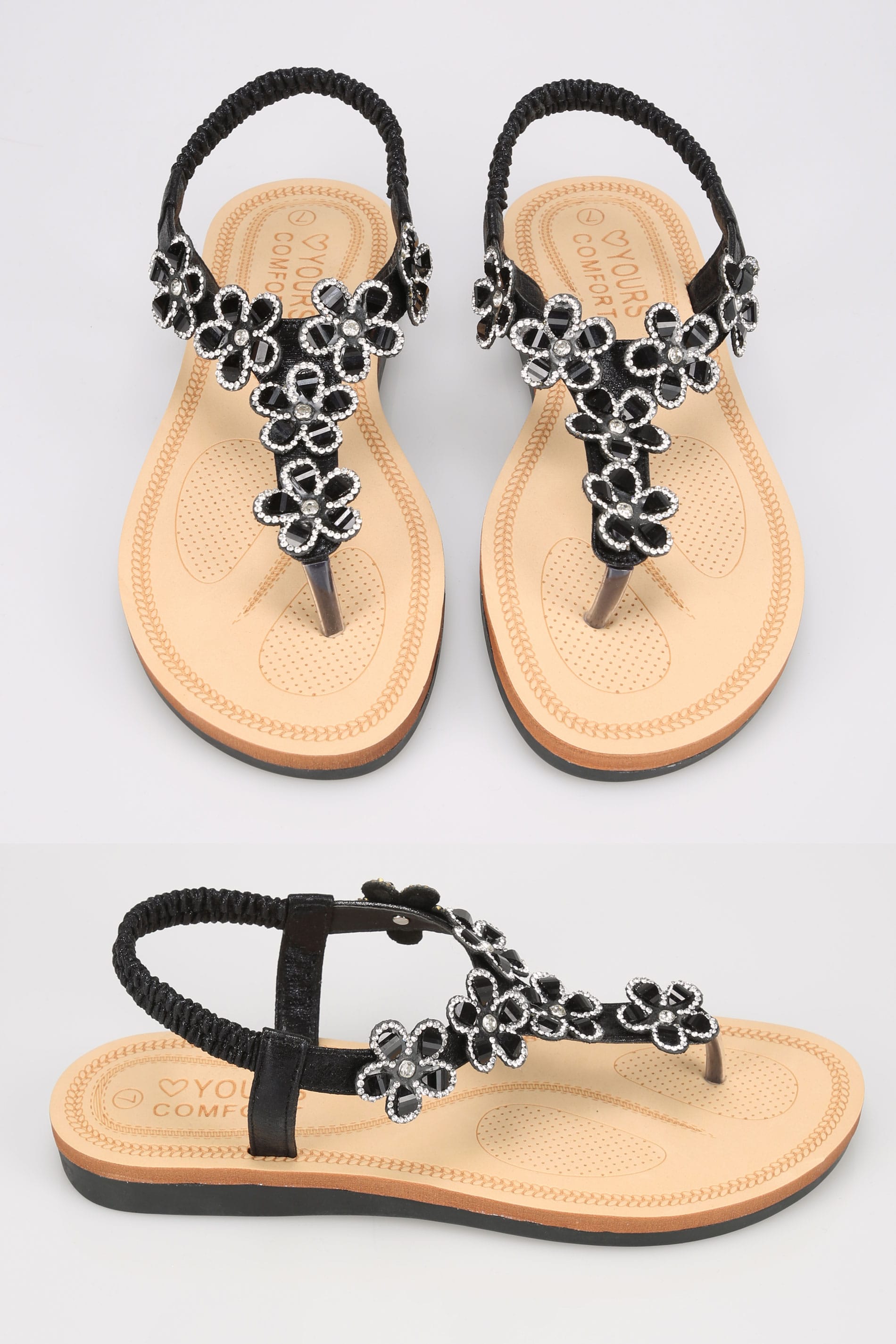 Black Open Toe Sandals With Embellished Floral Straps In TRUE EEE Fit ...