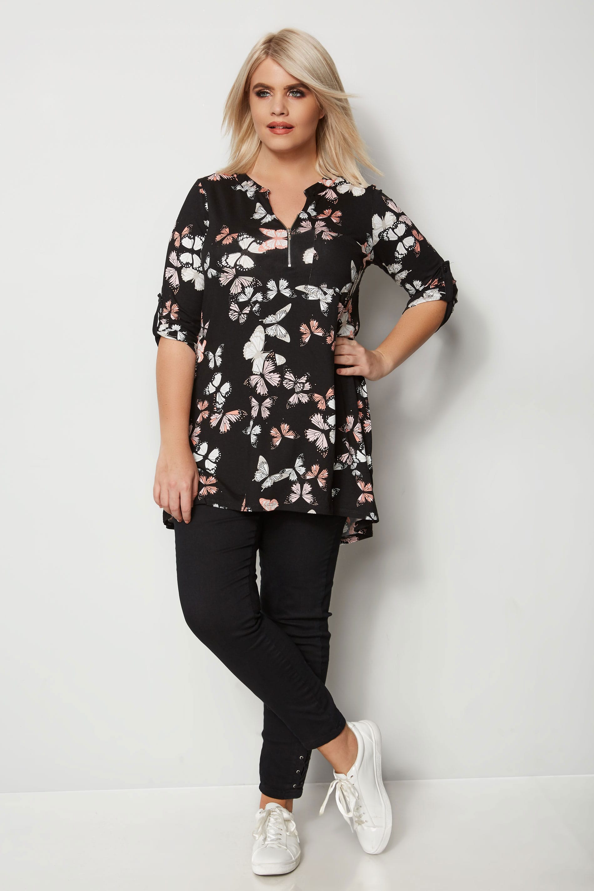 Black & Pink Butterfly Print Longline Top With Zip Front, plus size 16 ...