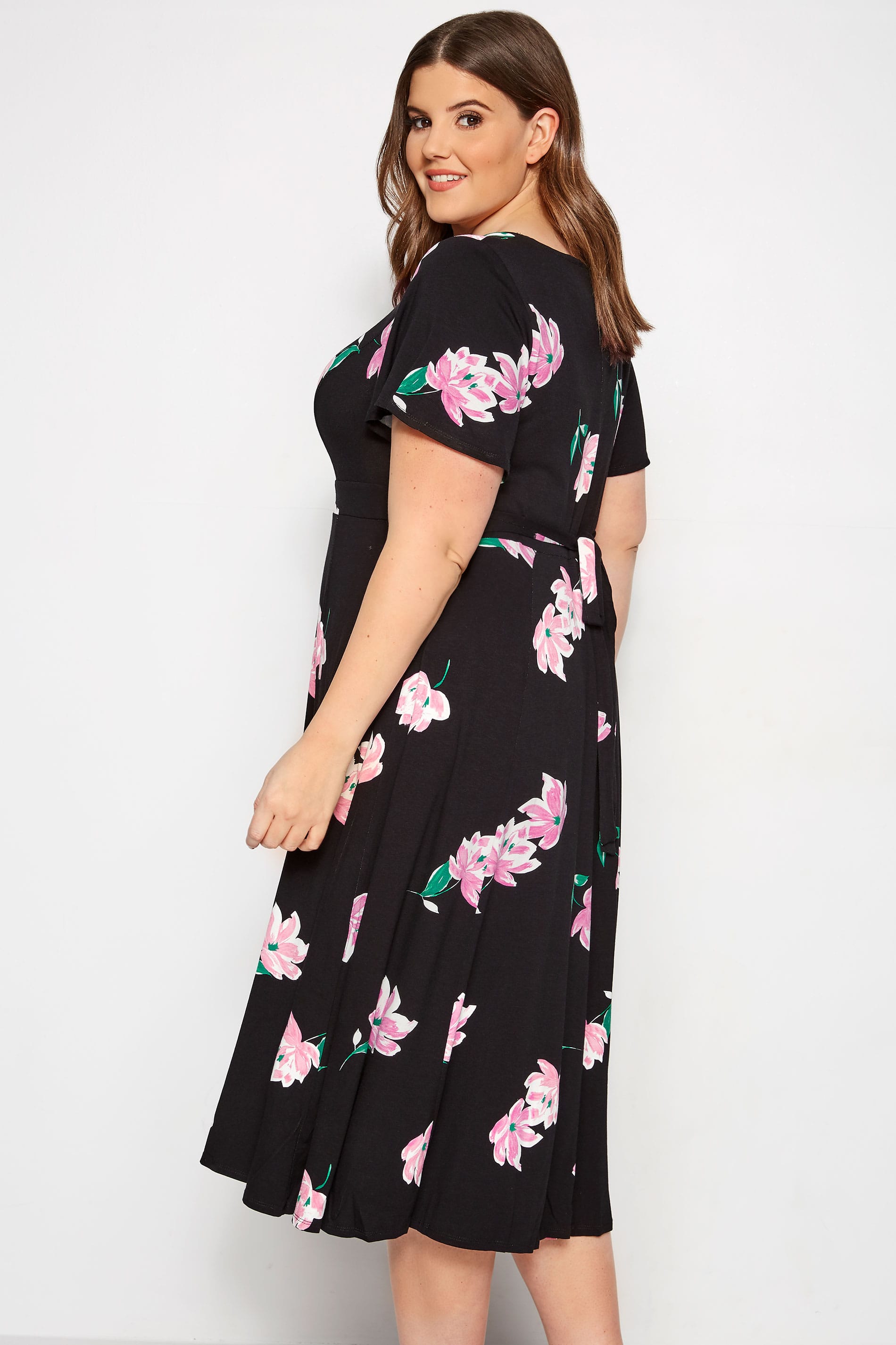 Plus Size Black & Pink Floral Midi Dress | Sizes 16 to 36 | Yours Clothing