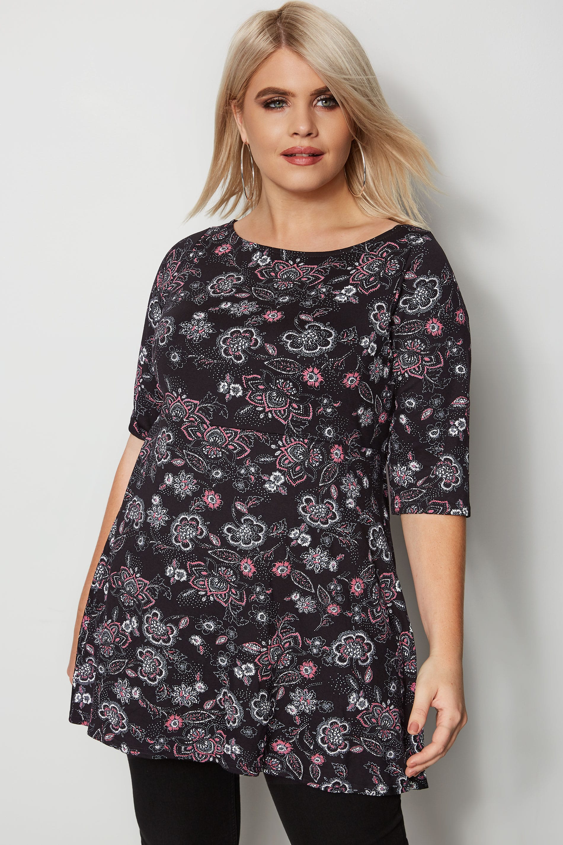 Black & Pink Floral Peplum Top, Plus size 16 to 36