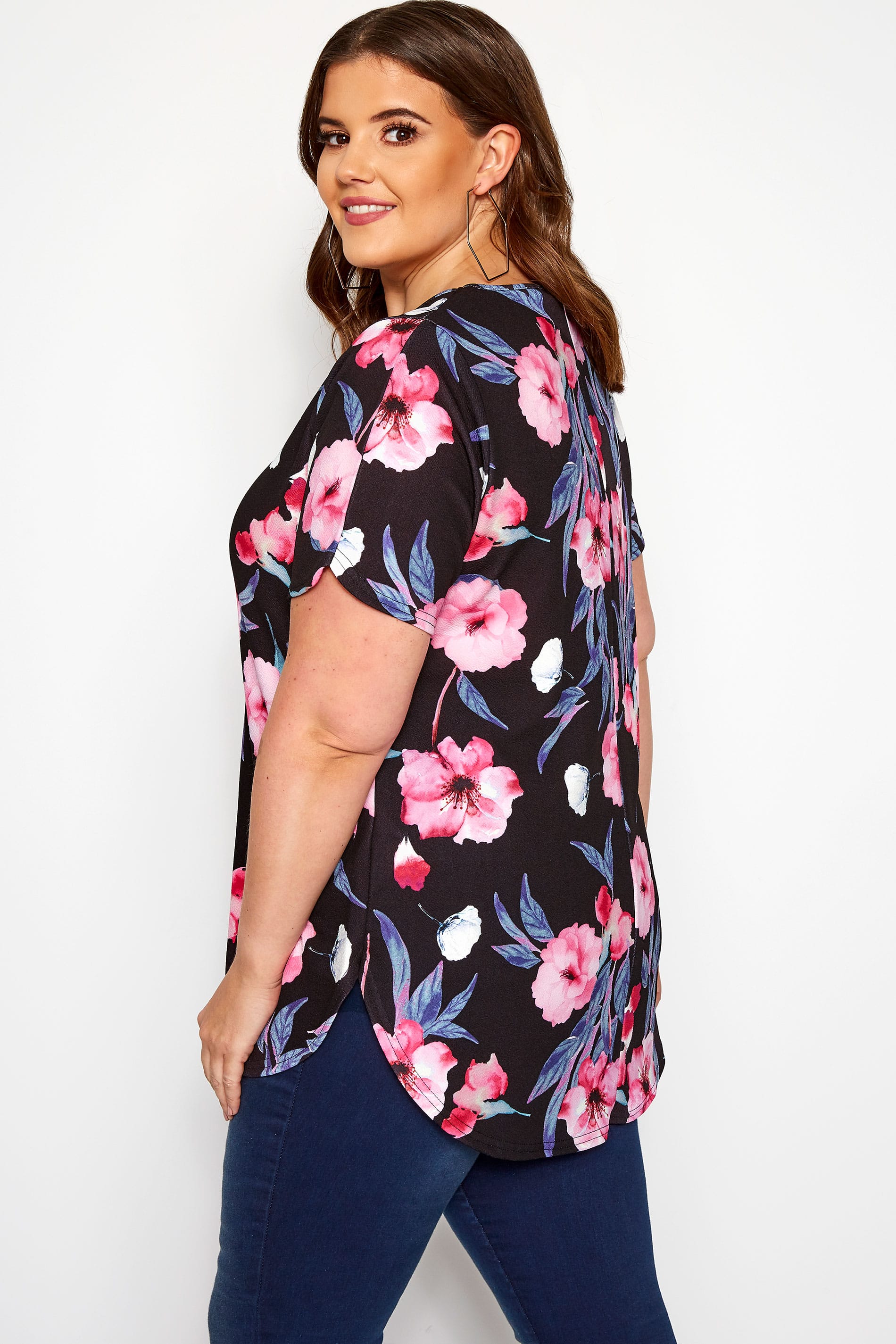 Black & Pink Floral Top | Yours Clothing