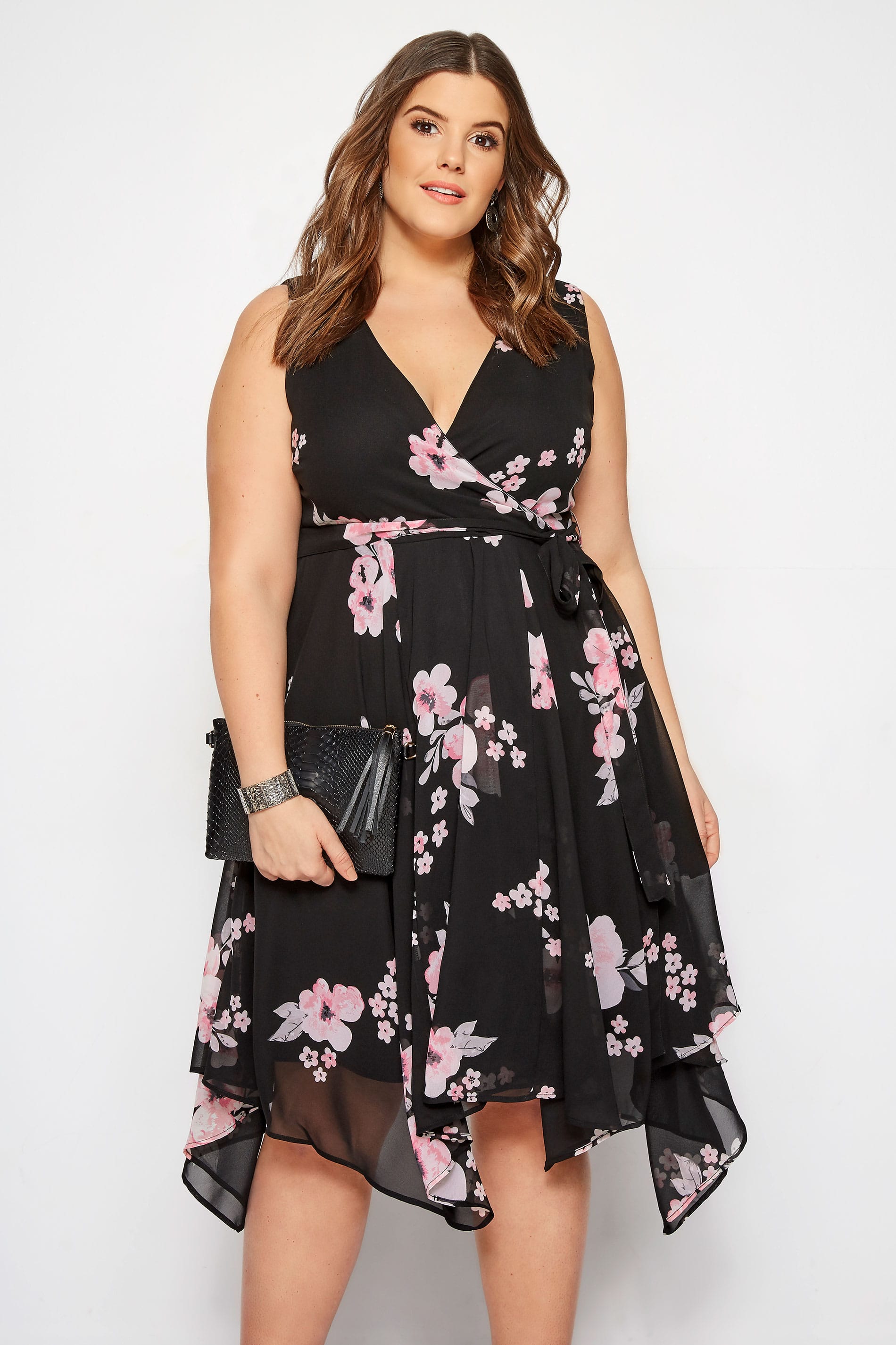 Plus Size Black & Pink Floral Wrap Dress With Hanky Hem | Sizes 16 to ...