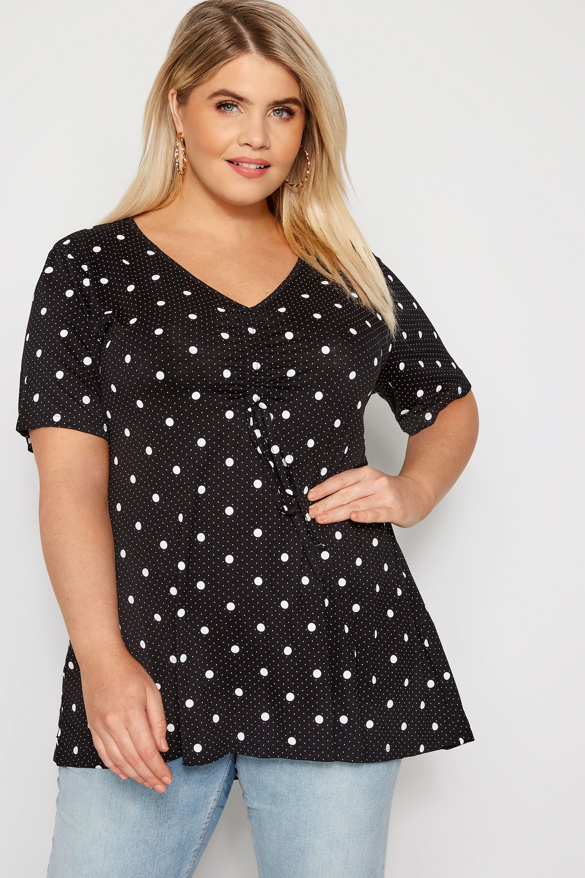 Black Polka Dot Ruched Front Top | Plus Sizes 16 to 40 | Yours Clothing
