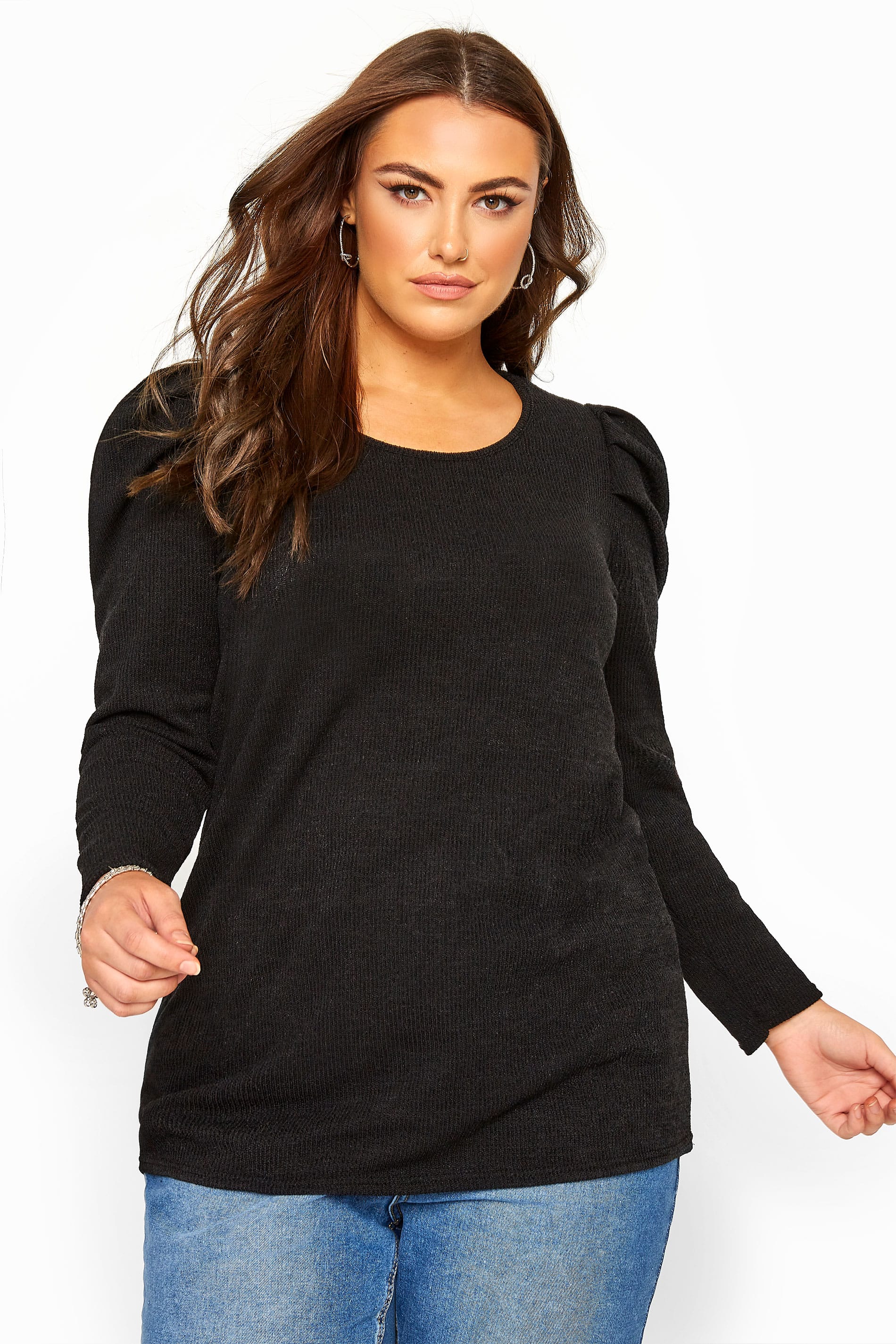 Black Puff Shoulder Knitted Top | Yours Clothing