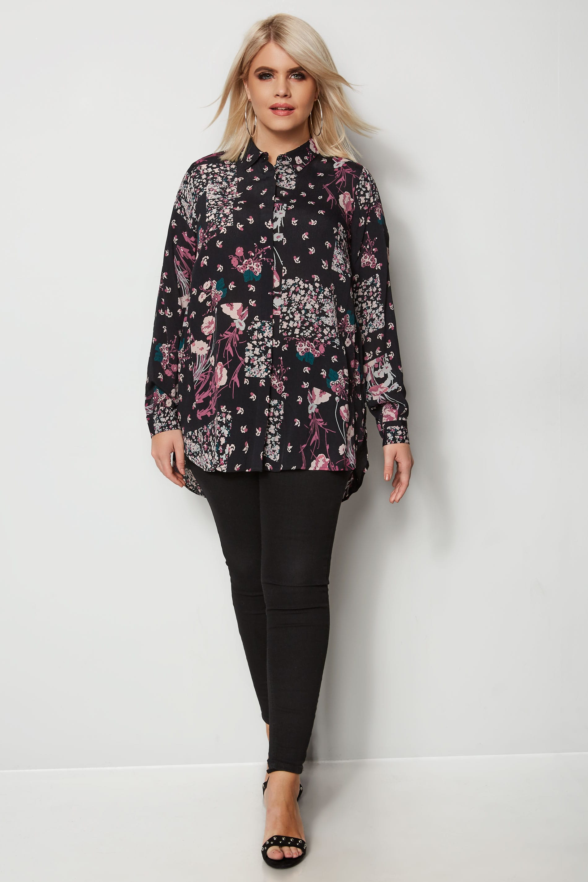 Black & Purple Mixed Floral Shirt, Plus size 16 to 36