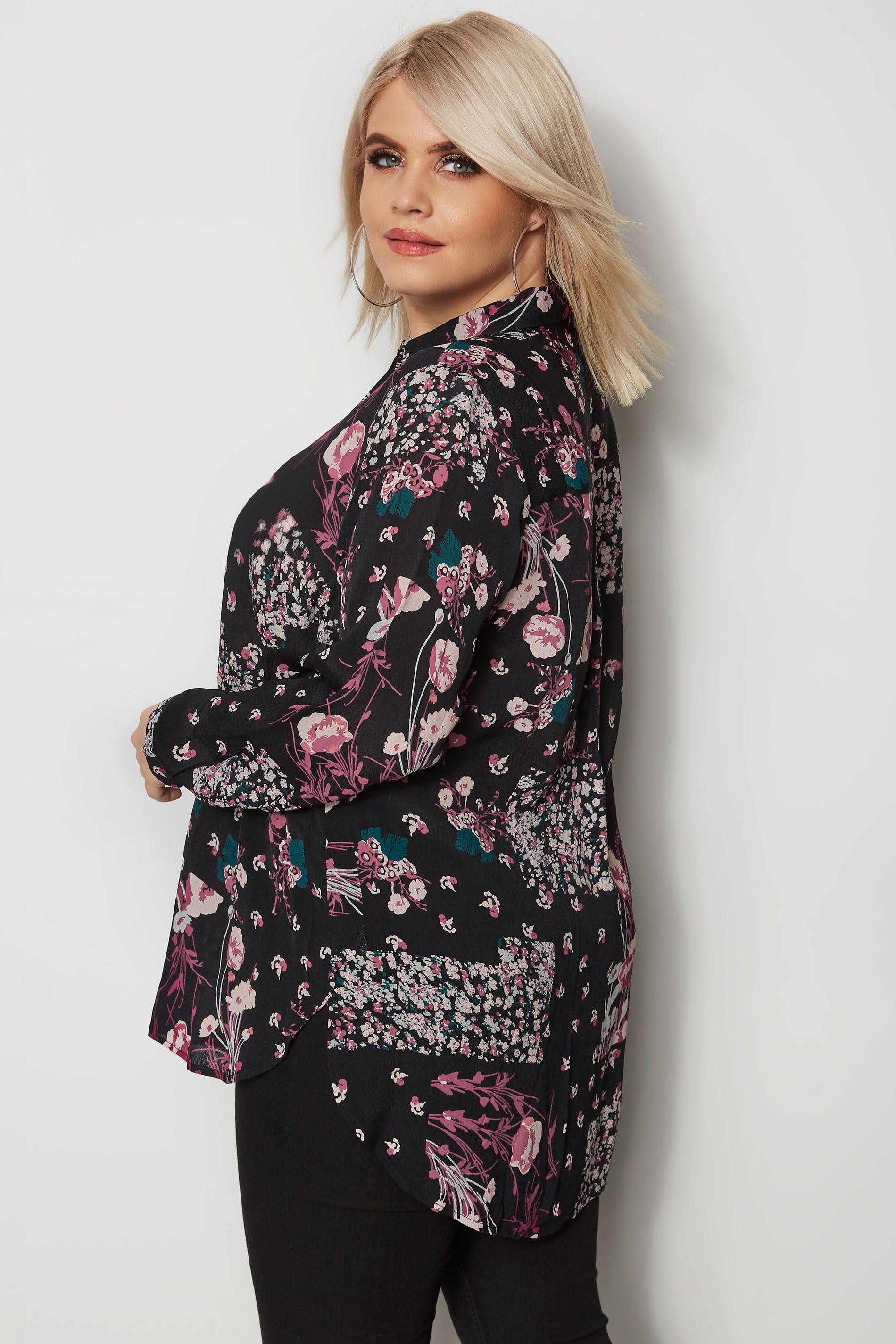 Black & Purple Mixed Floral Shirt, Plus size 16 to 36