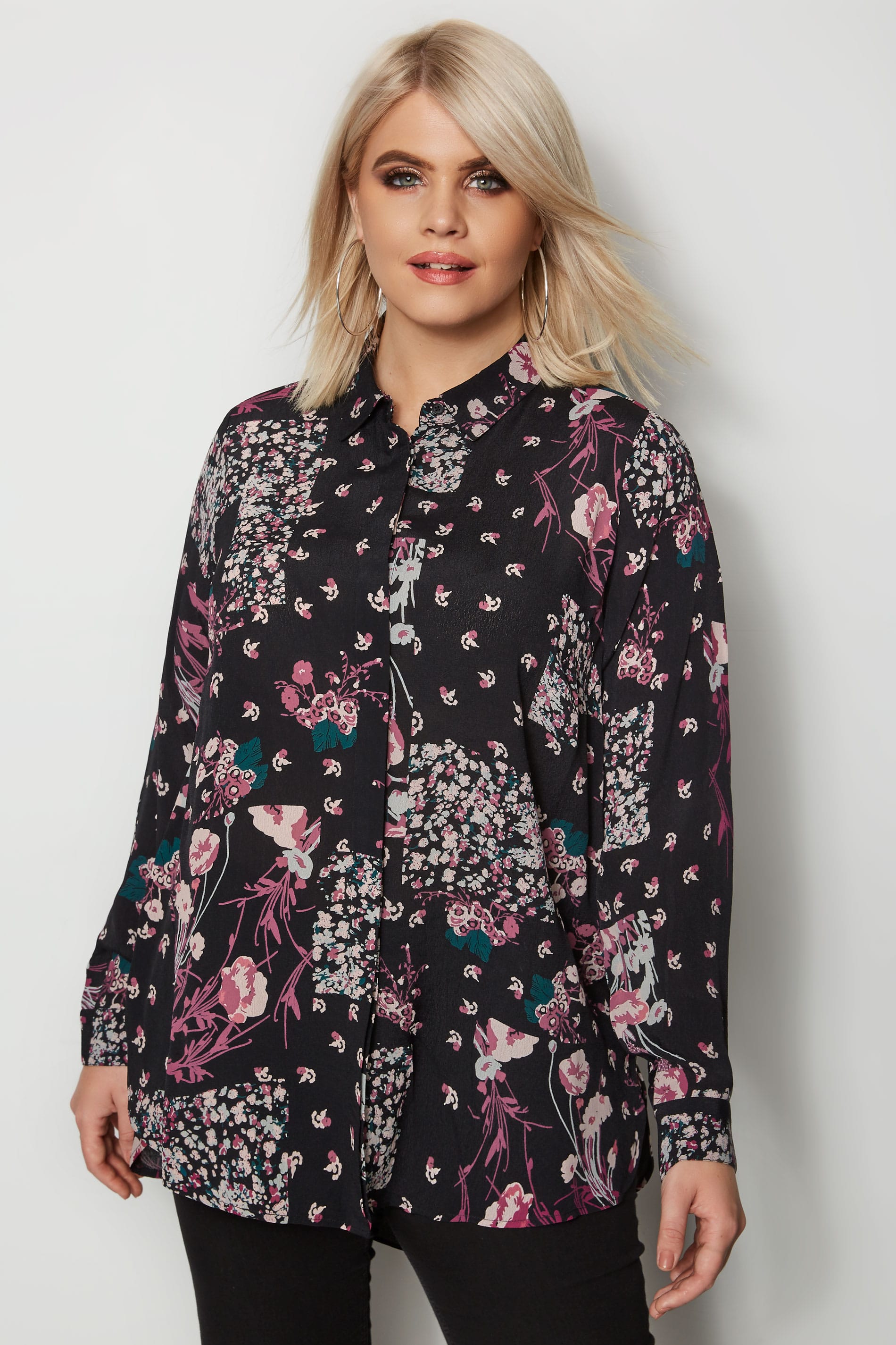 Black & Purple Mixed Floral Shirt, Plus size 16 to 36