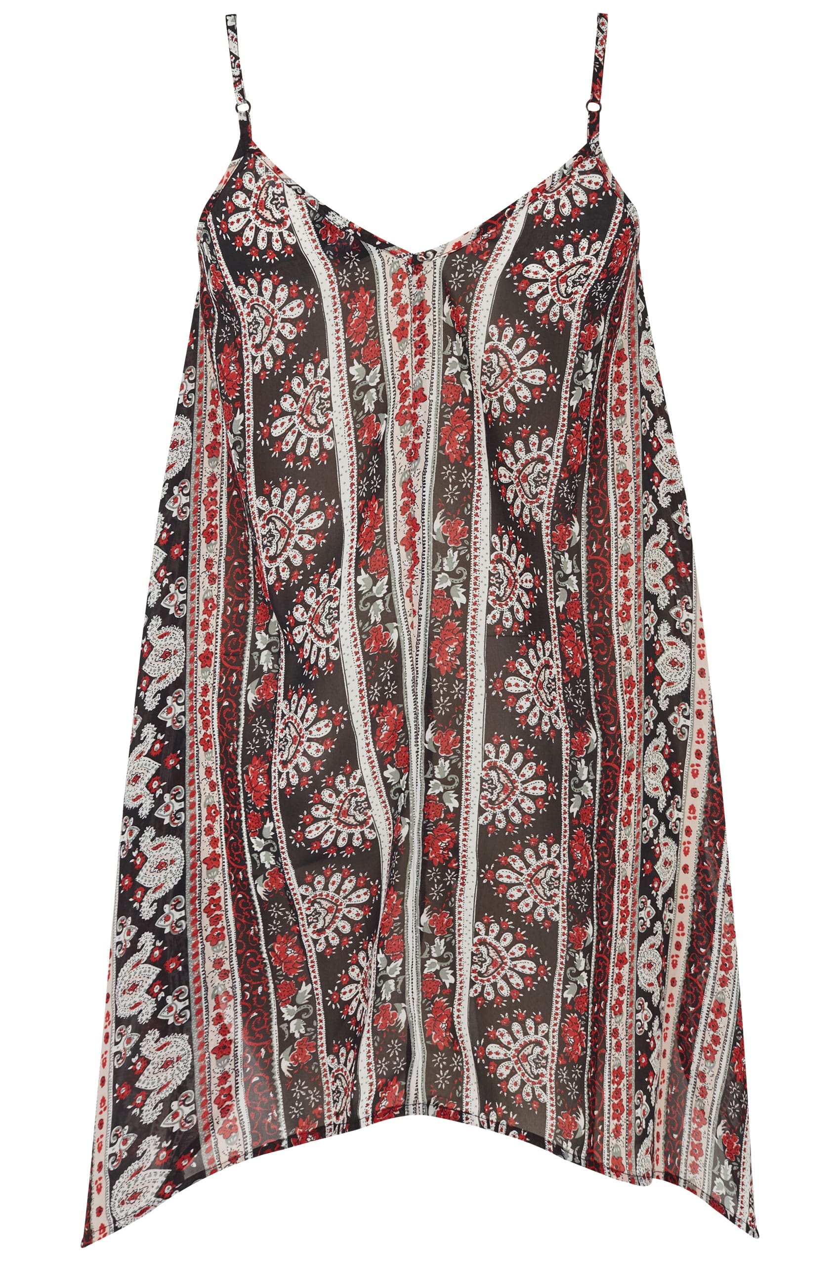 Black & Red Aztec Print Cami Top With Hanky Hem, plus size 16 to 36