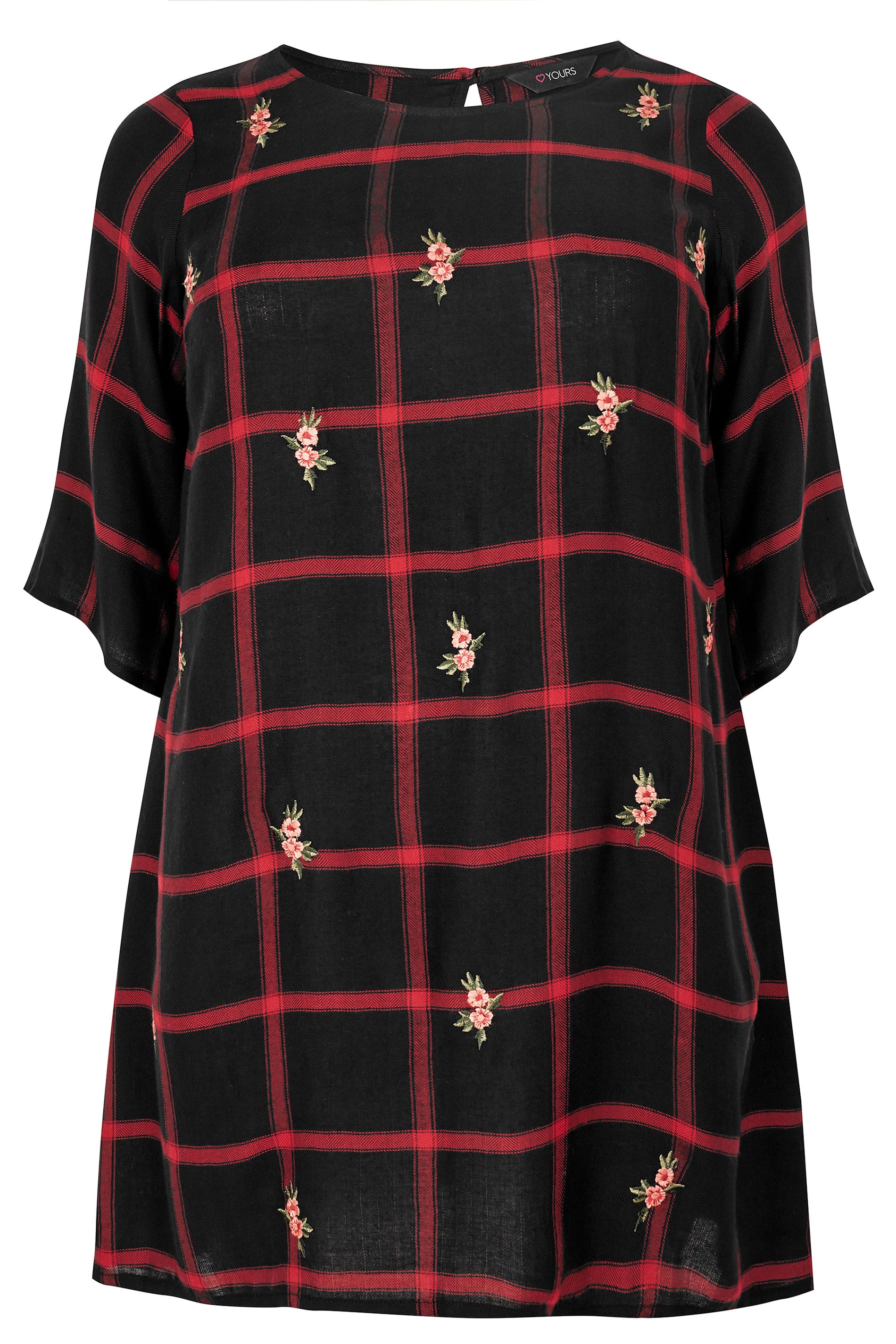 Black & Red Check Tunic With Embroidery, plus size 16 to 36