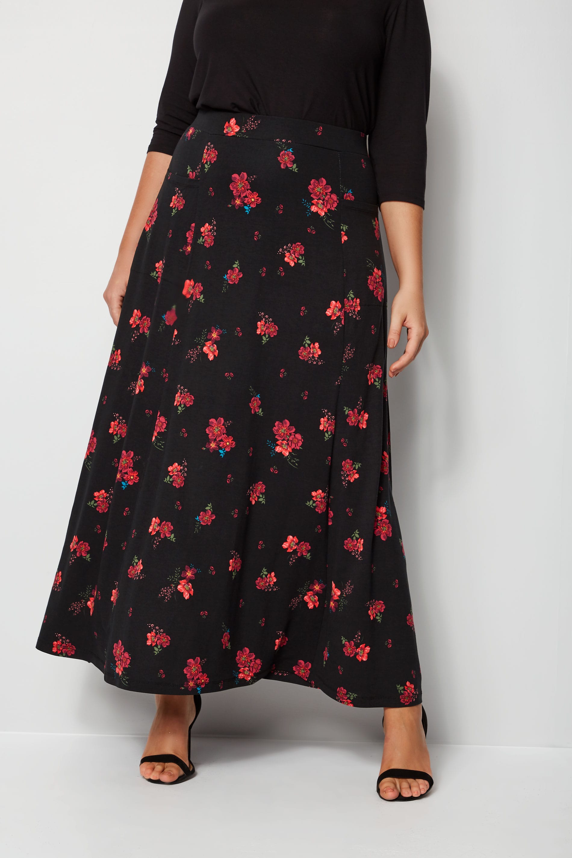 Black & Red Floral Maxi Skirt With Pockets, Plus size 16 to 36 | Yours ...