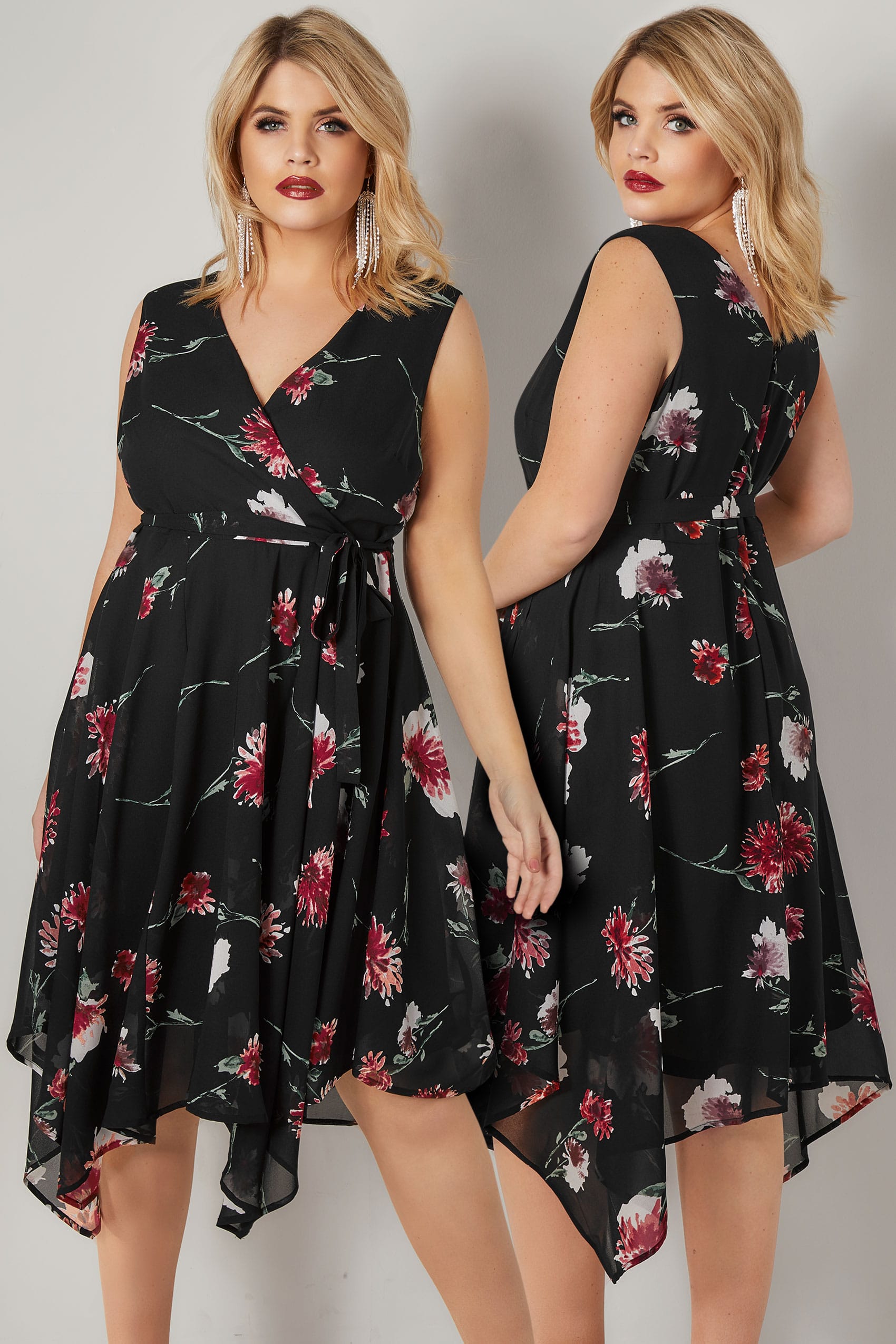 Black & Red Floral Print Wrap Dress With Hanky Hem, plus size 16 to 36
