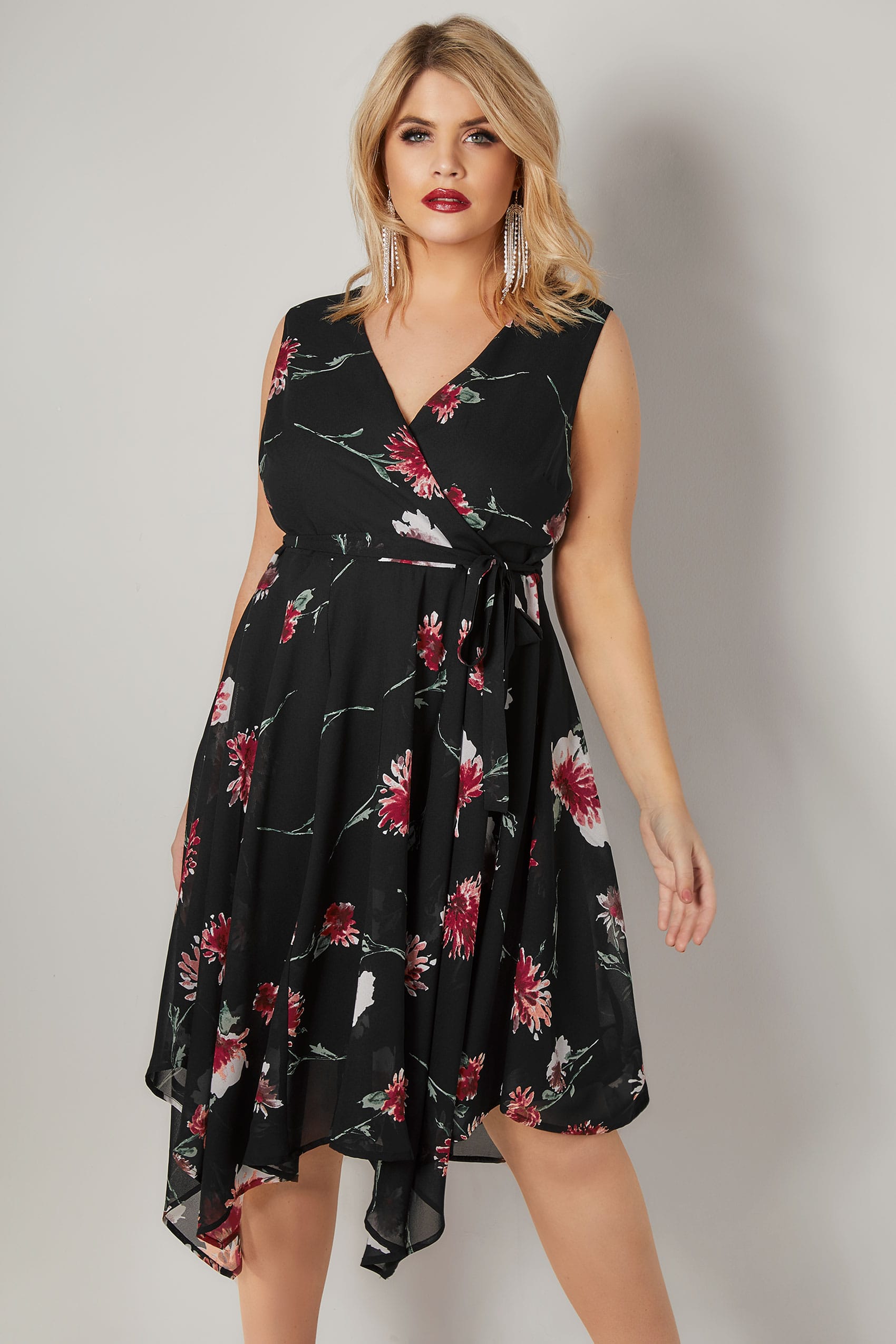 Black & Red Floral Print Wrap Dress With Hanky Hem, plus size 16 to 36