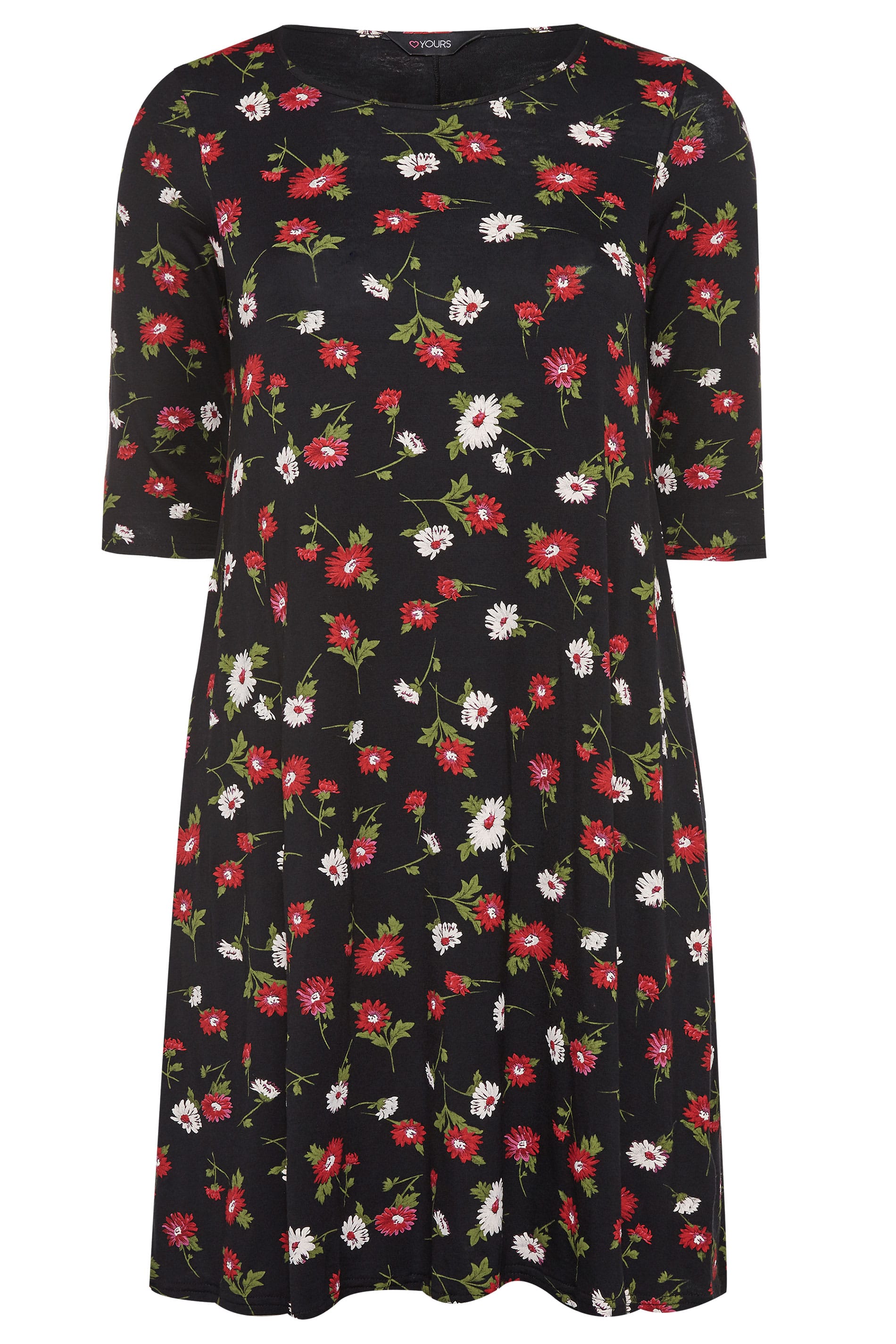 Black & Red Floral Swing Dress | Yours Clothing