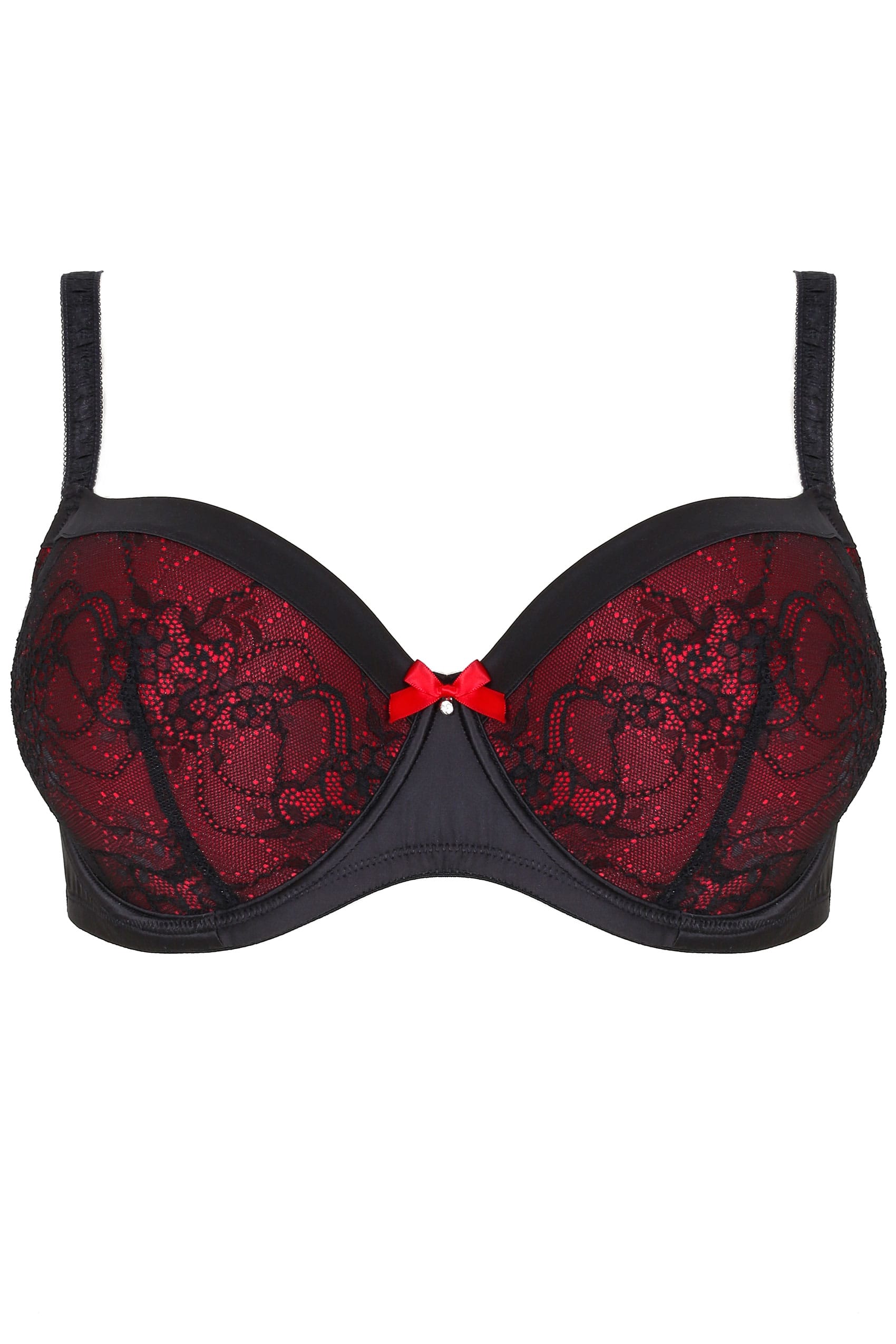 Black & Red Lace Diamante Underwired Padded Bra | Yours Clothing