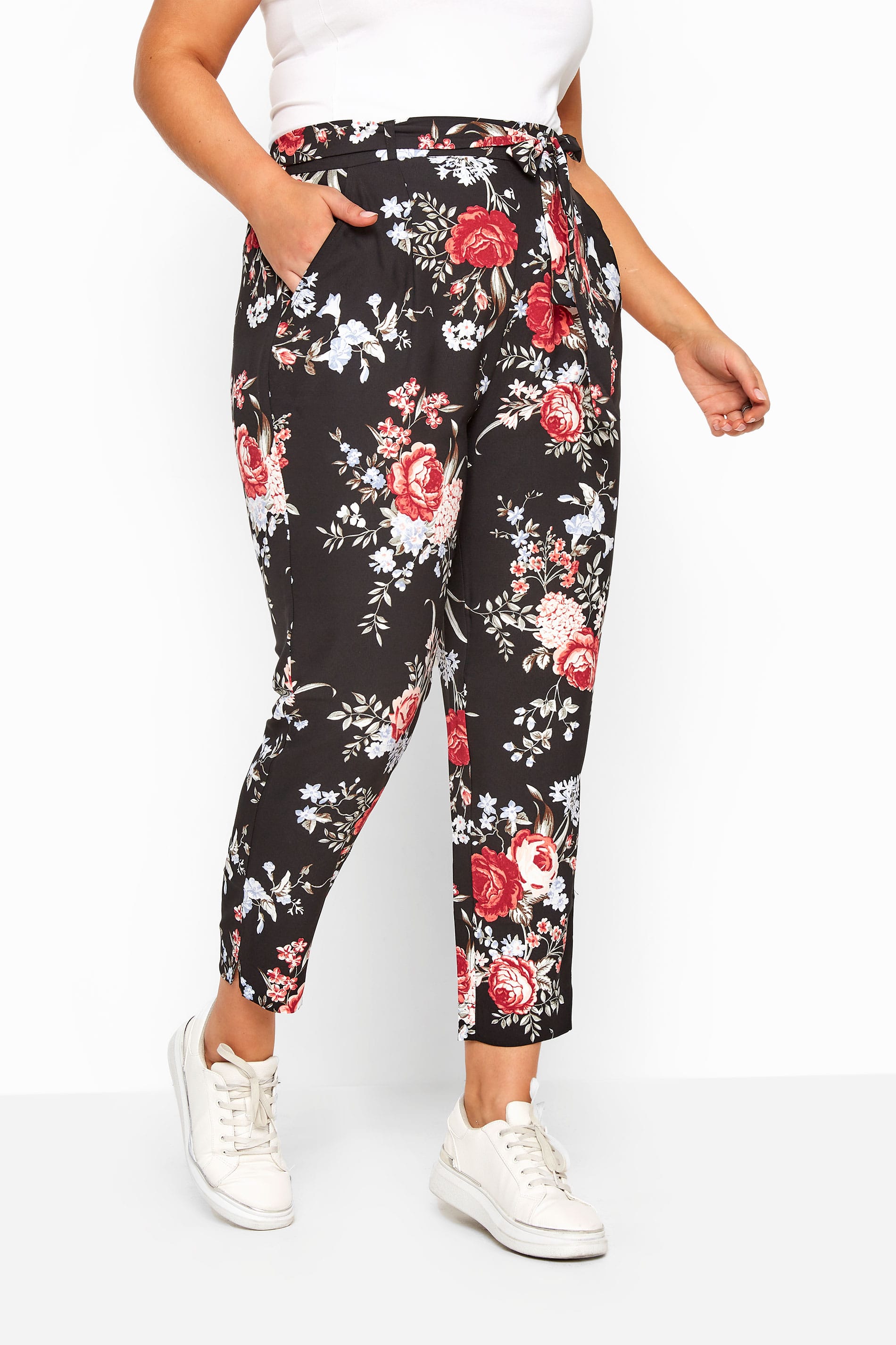 Black Rose Floral Tapered Trousers | Yours Clothing