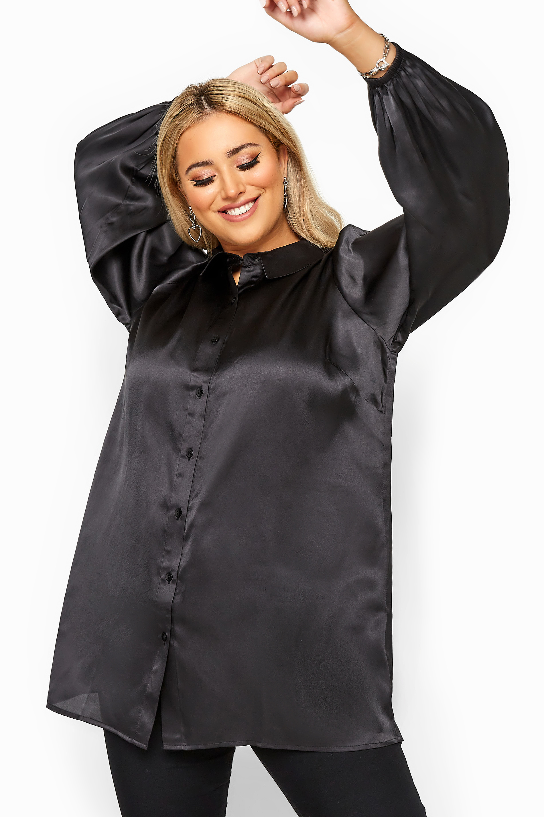 Black Satin Balloon Sleeve Shirt | Yours Clothing