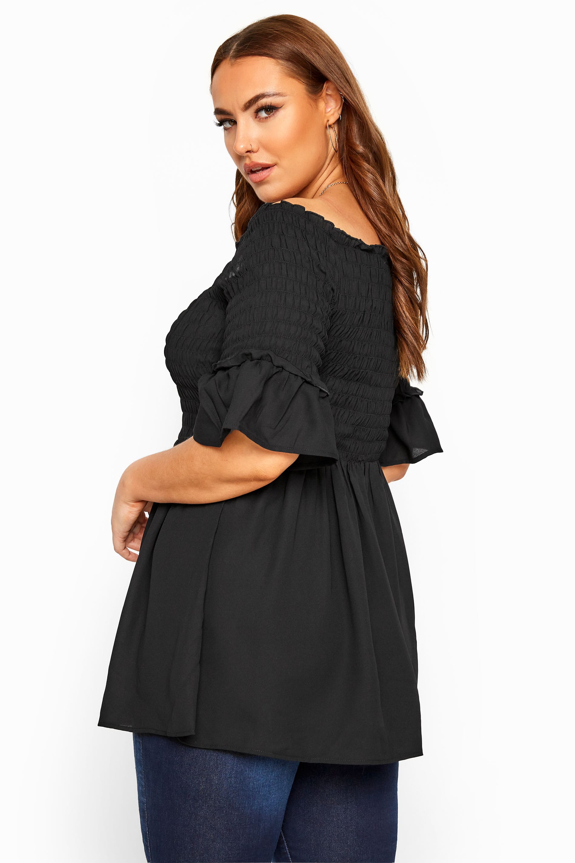 Black Shirred Bardot Top | Yours Clothing