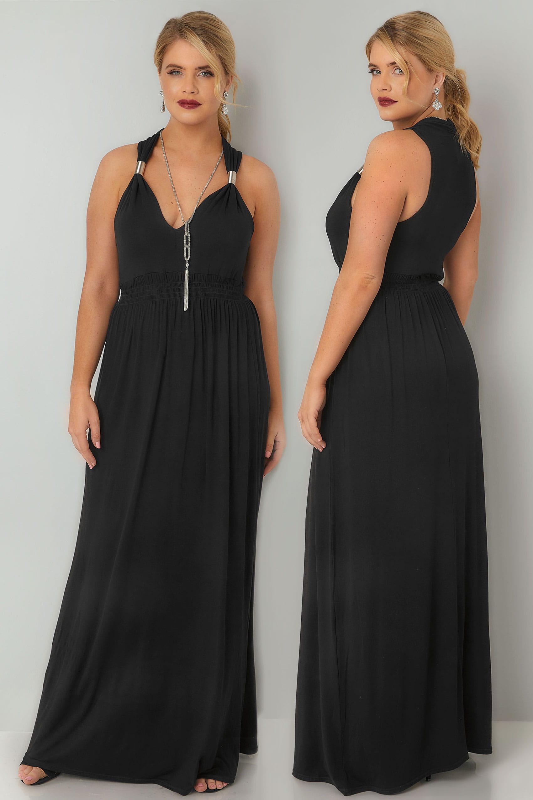 Black Sleeveless Maxi Dress With Spring Details & Free Necklace, Plus ...