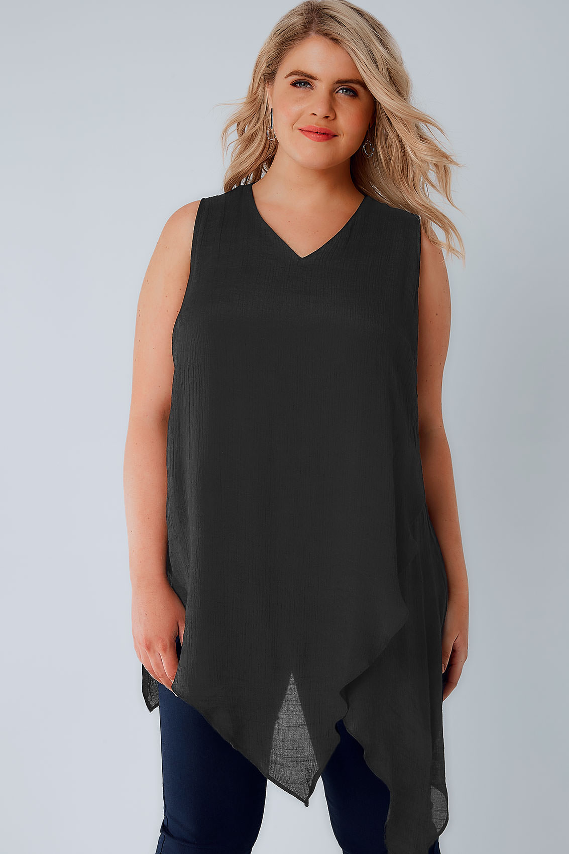 Black Sleeveless Top With Layered Front, Plus size 16 to 36