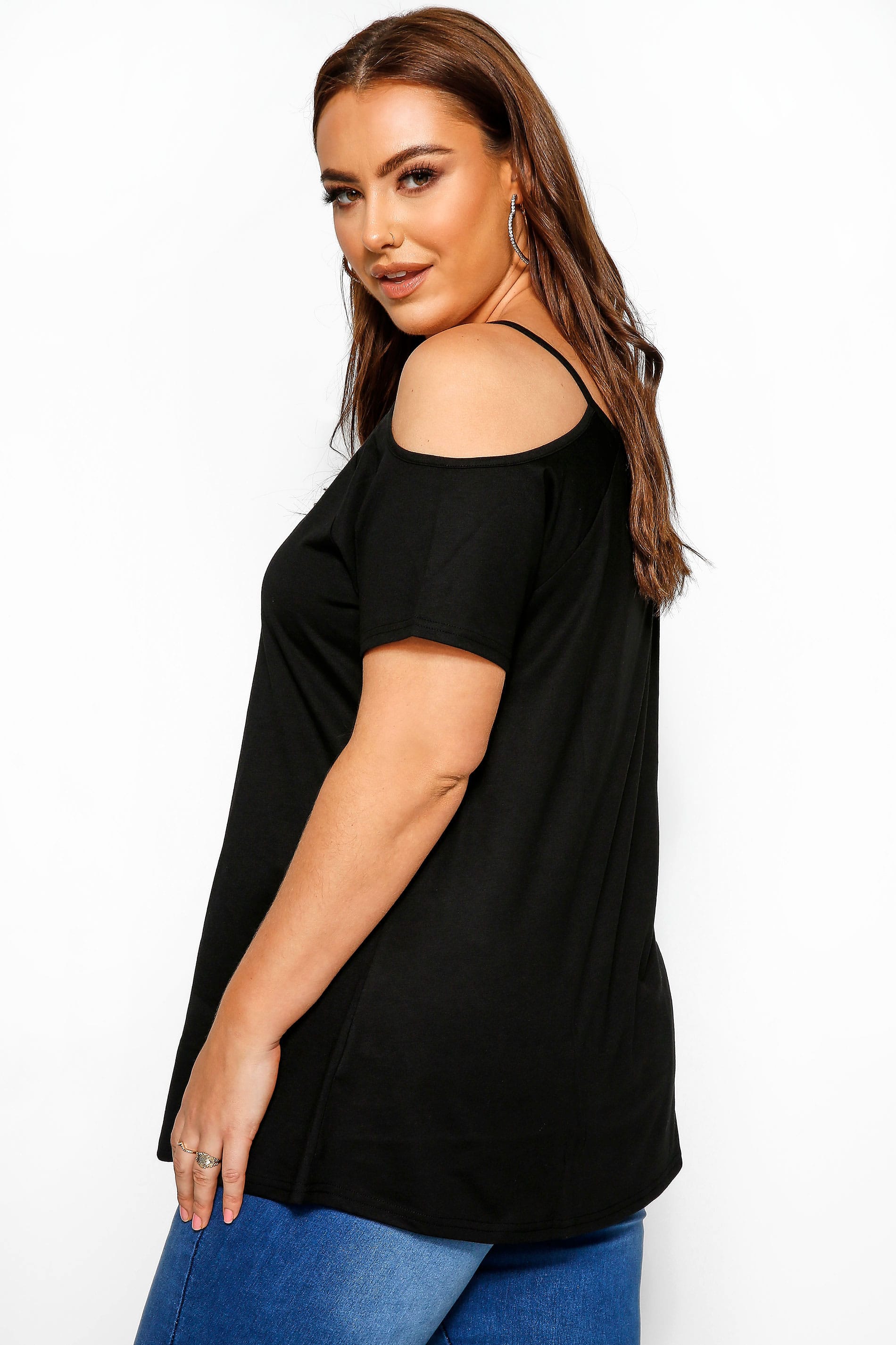 Black Strappy Cold Shoulder Top | Yours Clothing