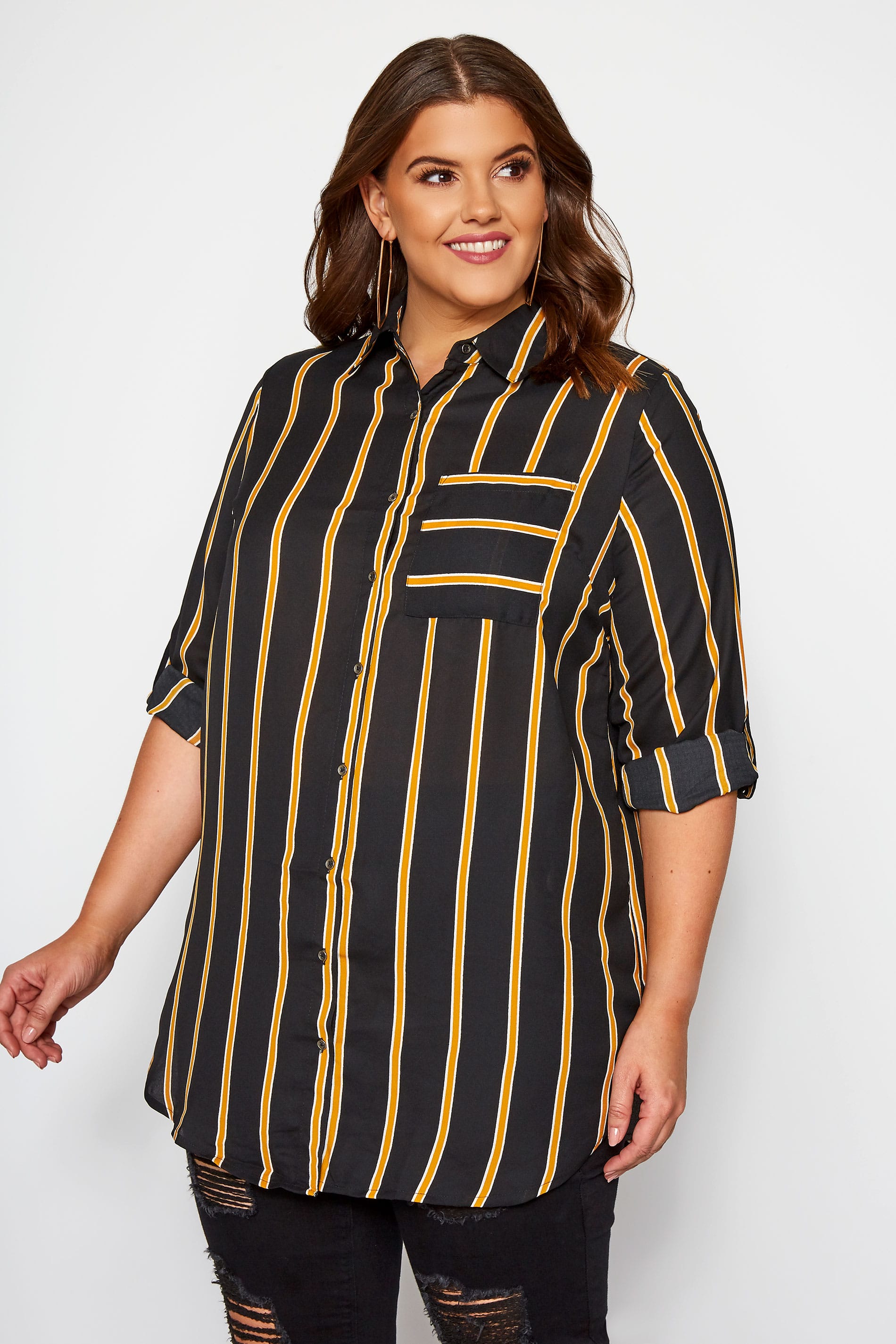 Black & Mustard Striped Oversized Boyfriend Shirt | Yours Clothing