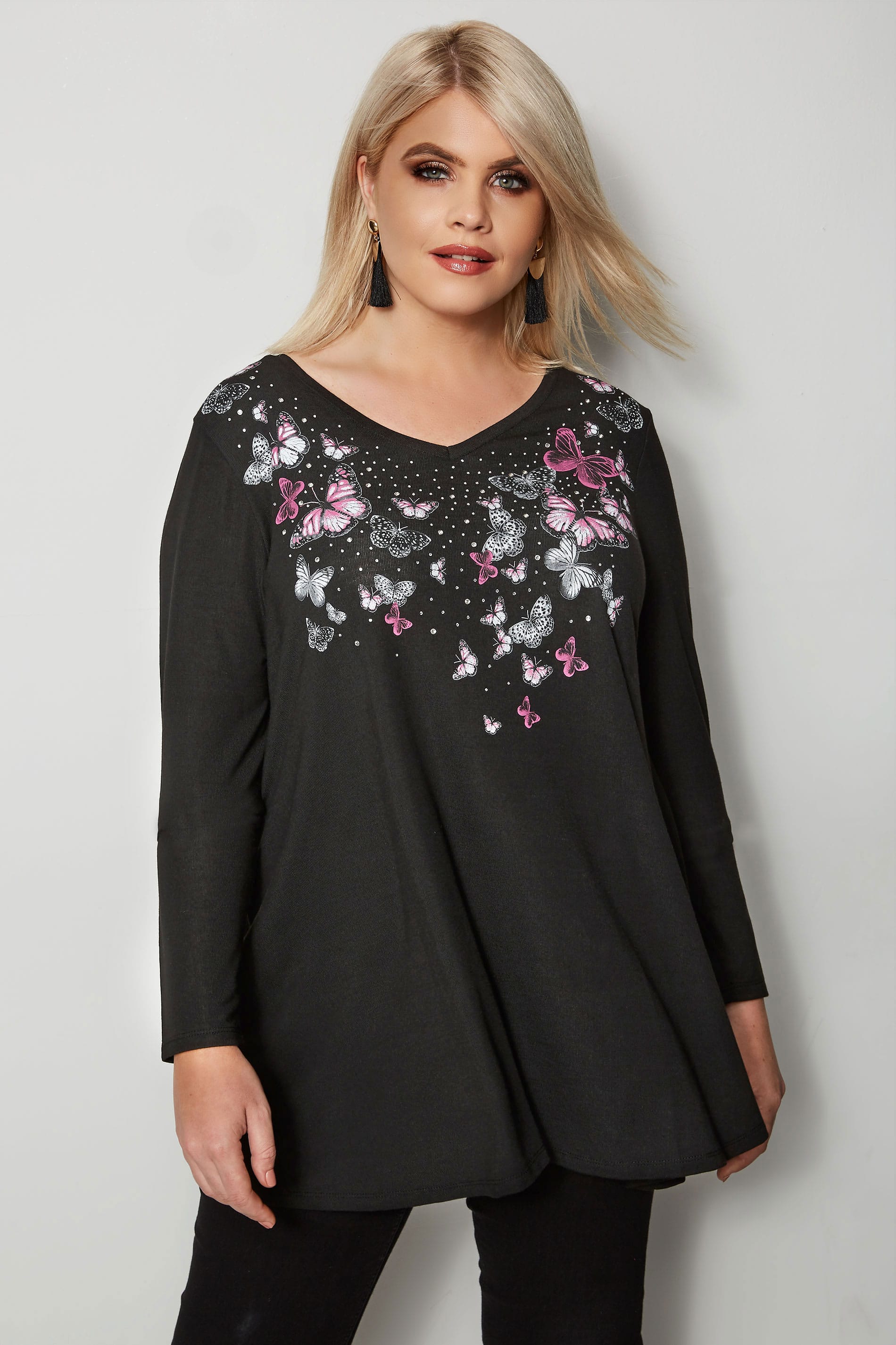 Black Studded Butterfly Swing Top, Plus size 16 to 36 | Yours Clothing
